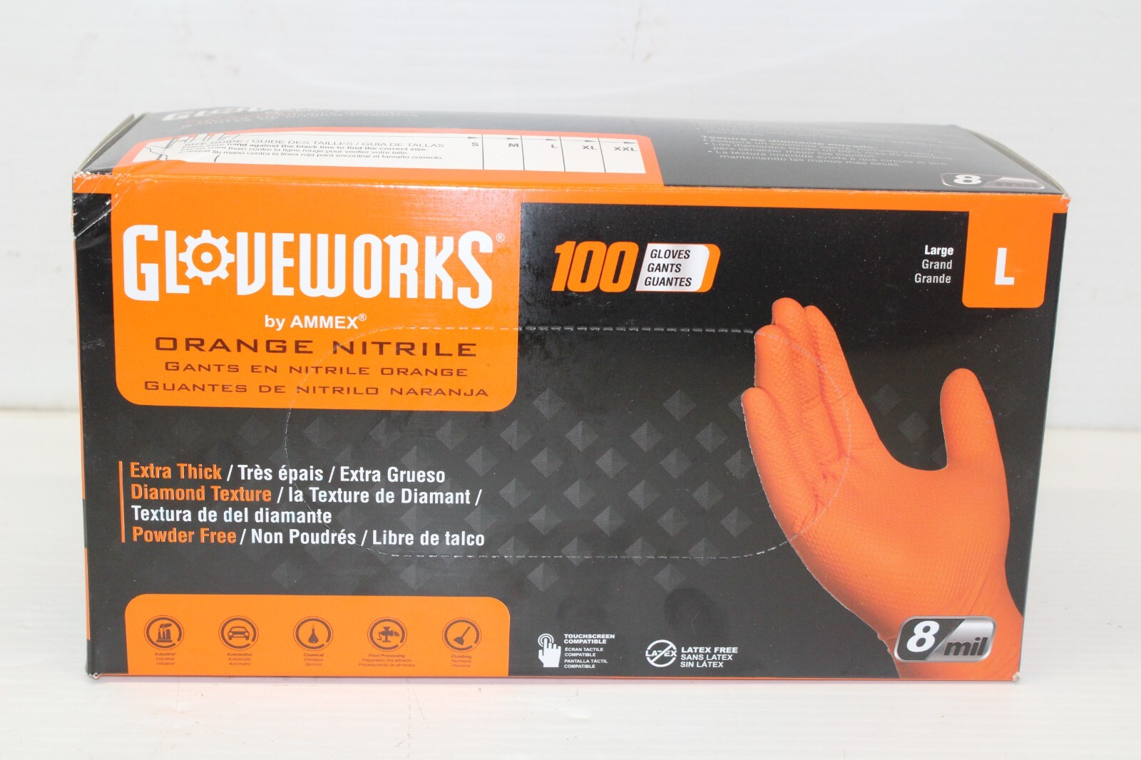 GLOVEWORKS HD Orange Nitrile Disposable Gloves 8 Mil Raised Diamond Texture, 100