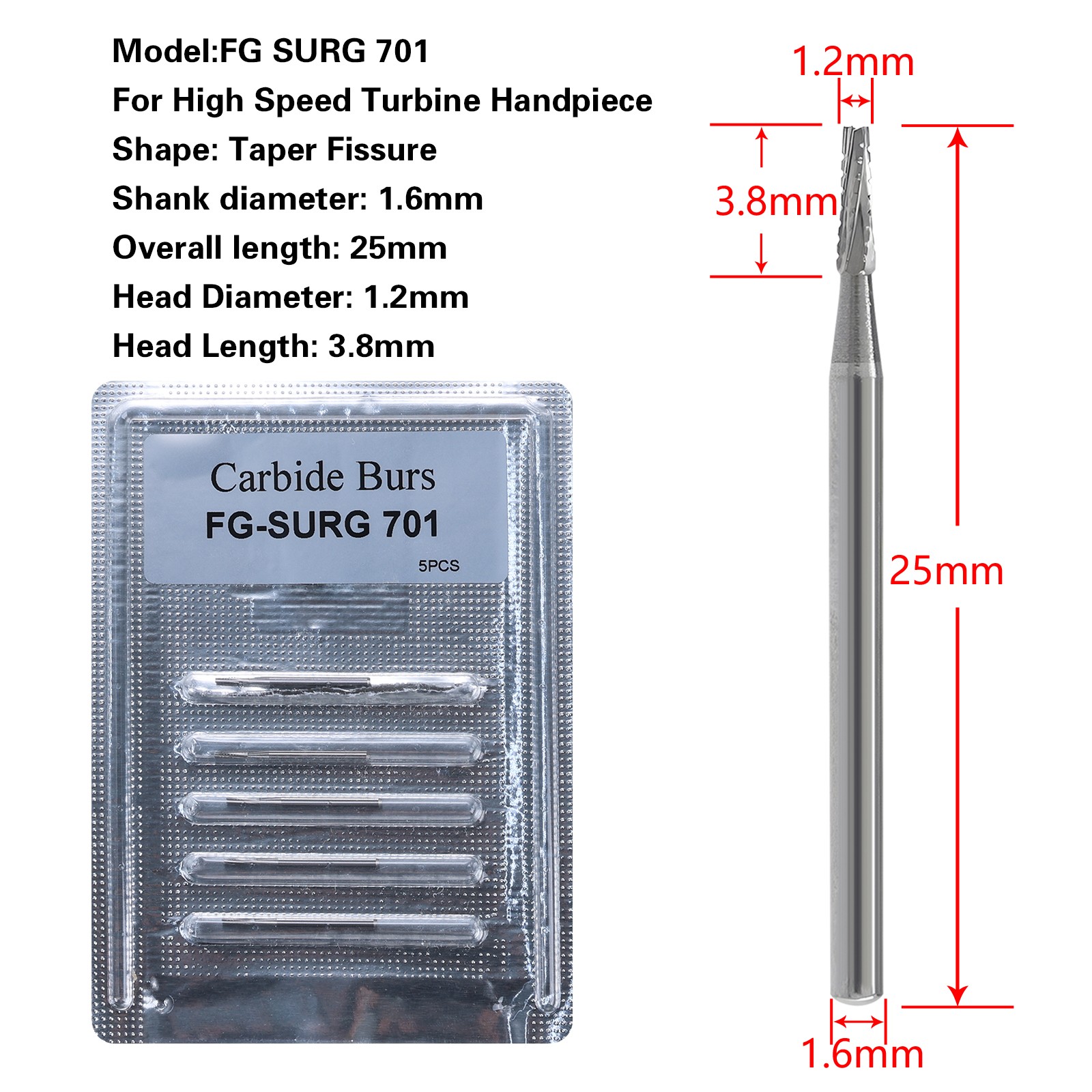 Dental Surgical Length Burs 701 High Speed Long Shank Carbide FG 5pcs/pack