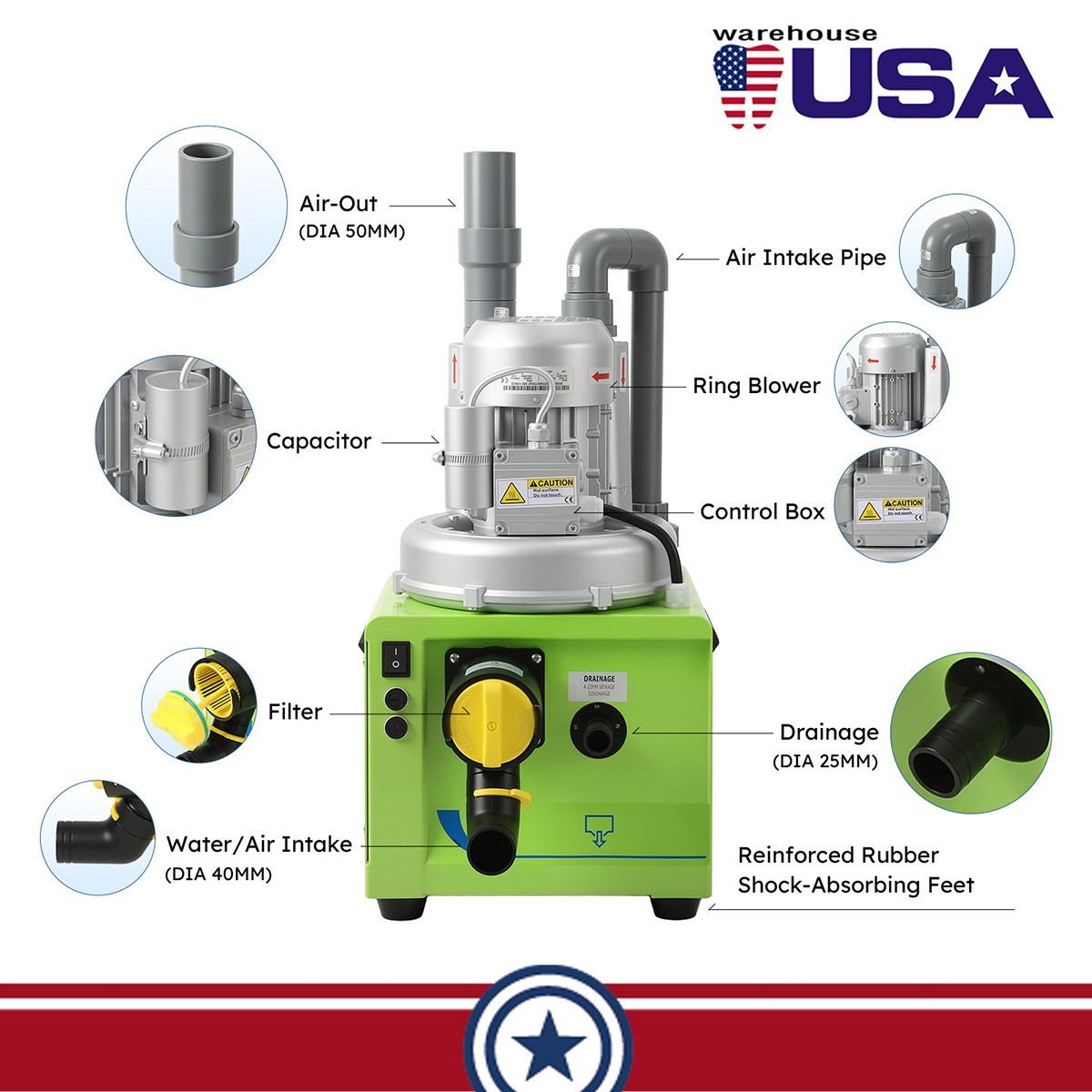 Dental Suction System with Strong Suction /Silent Air Compressor Oilless Free