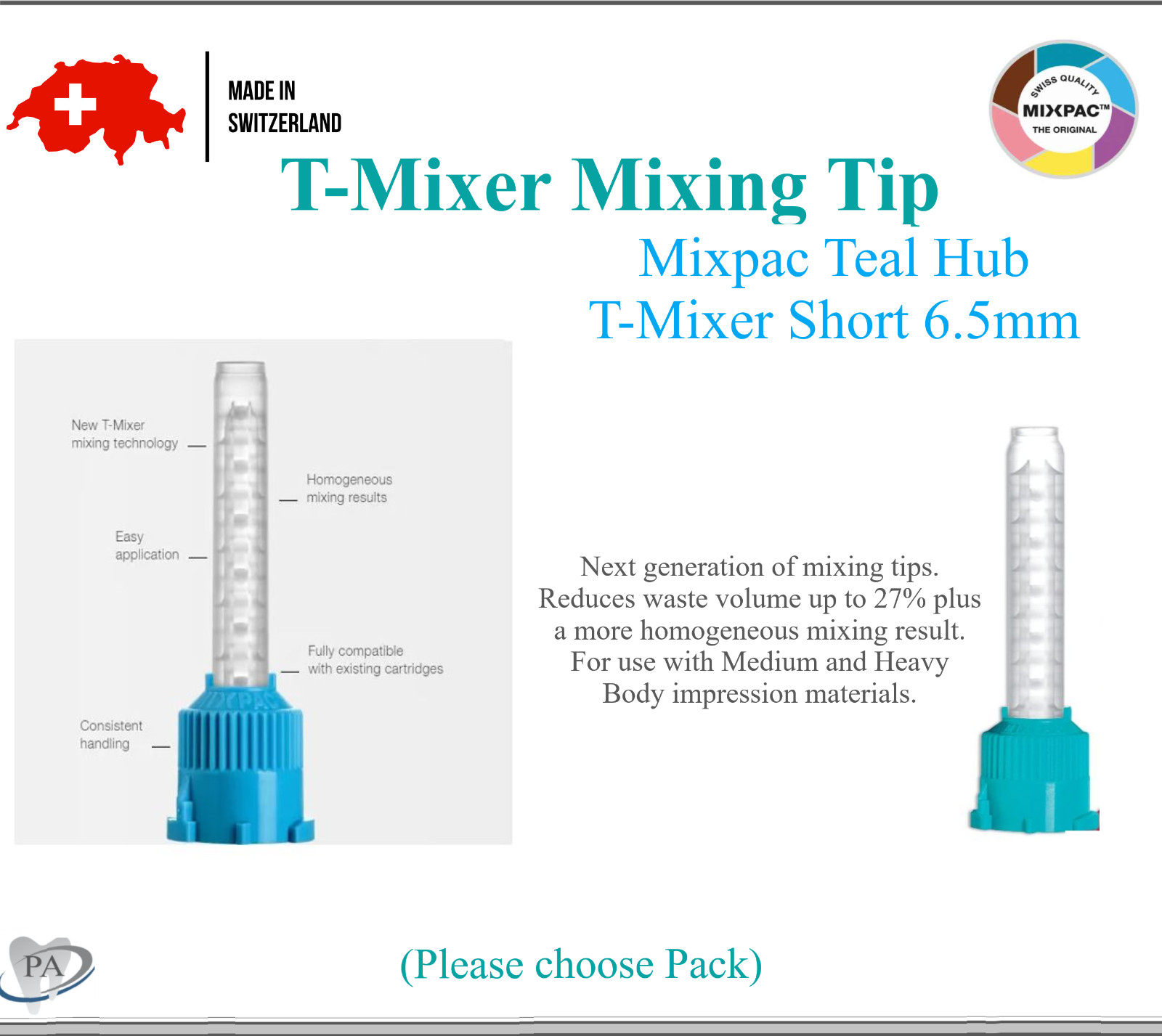 Dental Teal T-Saver Mix Tip 6.5mm. VPS Impression HP MIxing Tips T-Short /Long