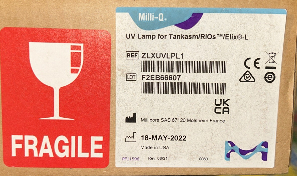 Millipore UV Lamp For Tankasm/Rios/Elix-L, P/N: ZLXUVLPL1 Bactericidal UV Lamp