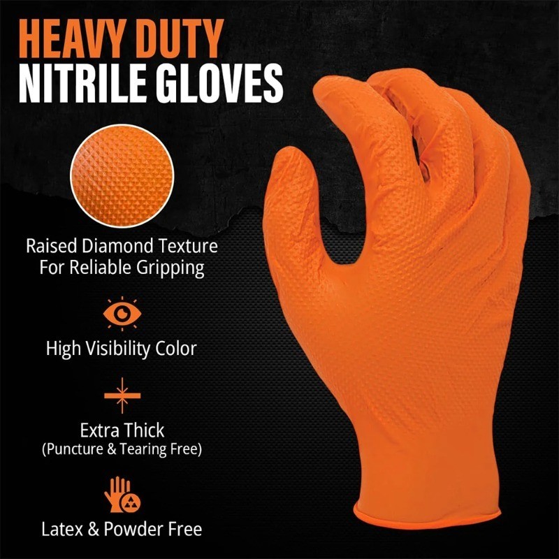 Orange Nitrile Disposable Gloves 8 Mil Raised Diamond Texture | Fast Ship