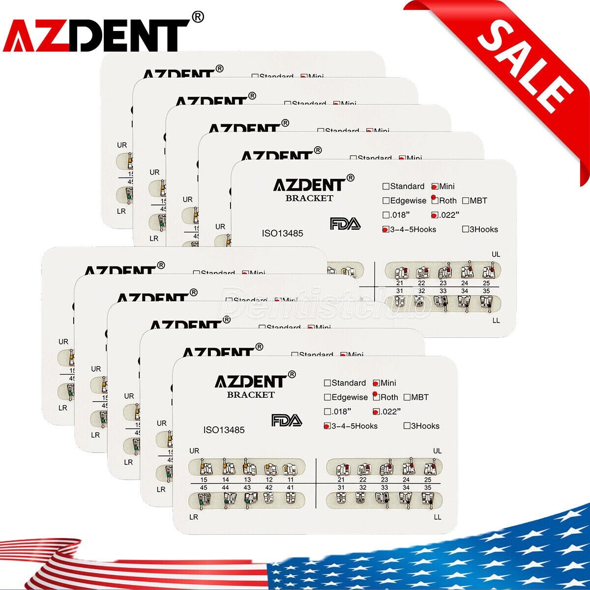 AZDENT Dental Orthodontic Brackets Braces Metal Mini Roth.022 Hooks 3 4 5 FDA