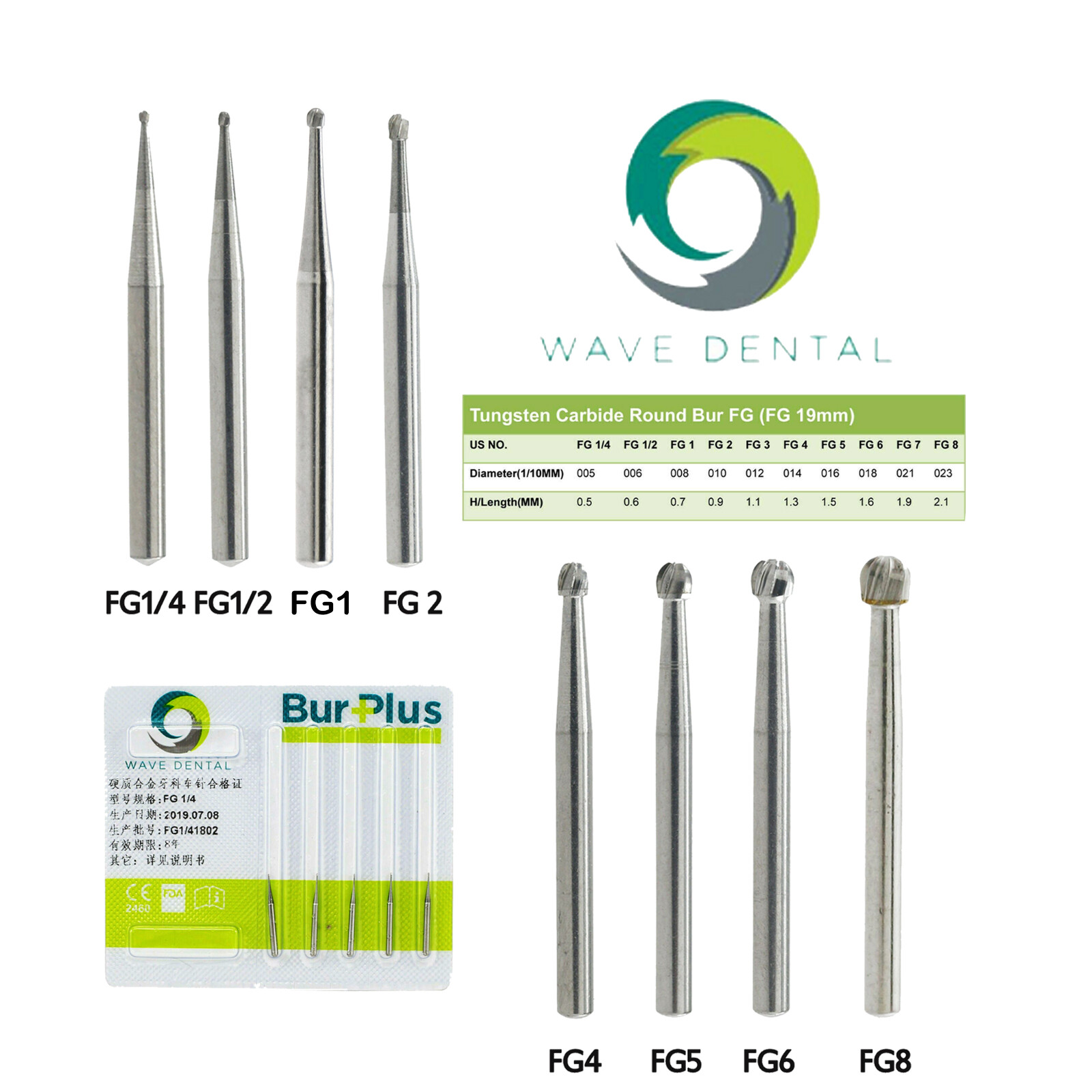 Wave Dental Tungsten Carbide Burs For High Speed Handpiece Round FG 1/4 FG8