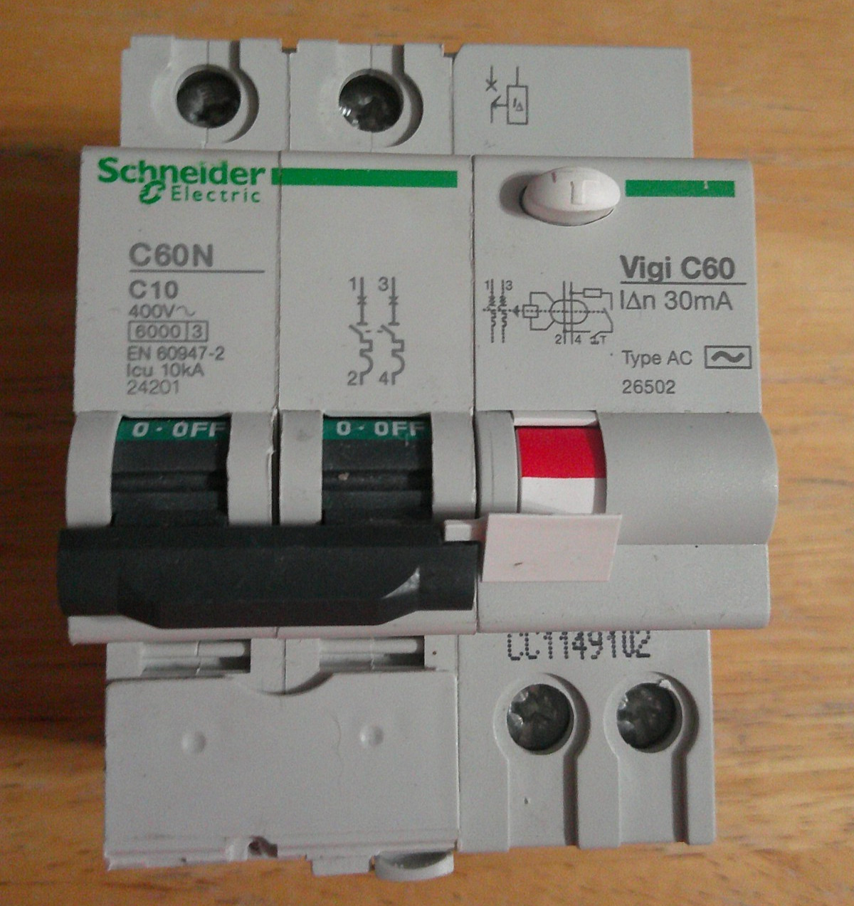 SCHNEIDER C60N C10 (24201) Circuit Breaker w/ VIGI C60 (26502)