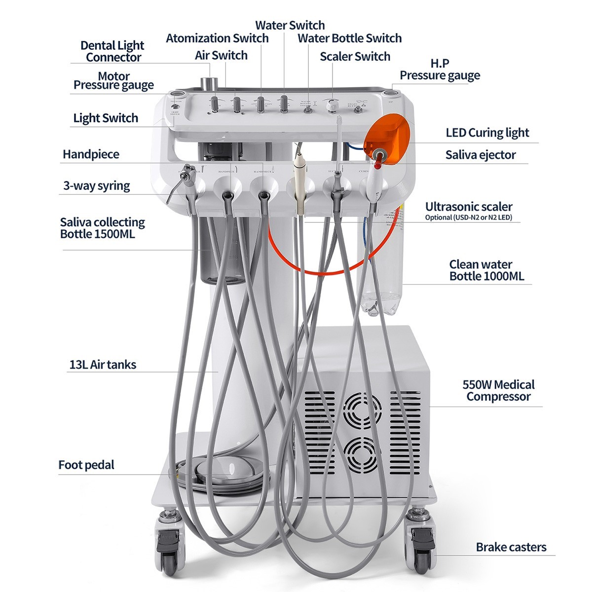 Portable Dental Delivery Unit Air Compressor 4Hole With Surgical LED Lamp /Chair