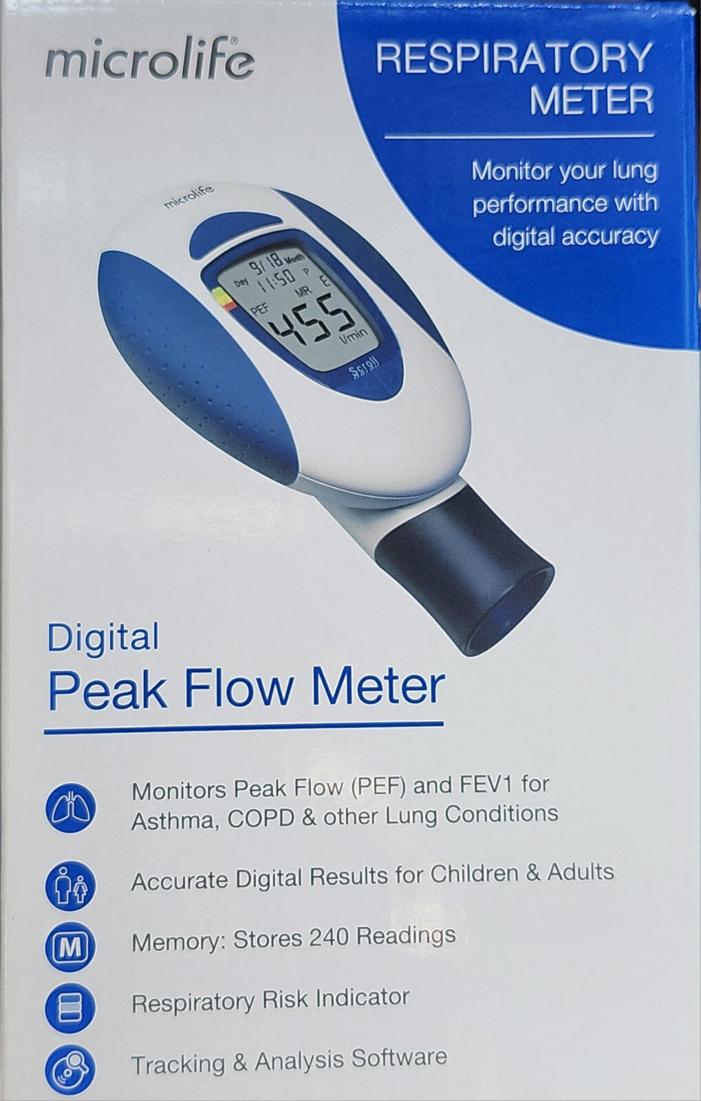 Microlife Digital Peak Flow Respiratory Meter tracker Helps Asthmatcis And COPD