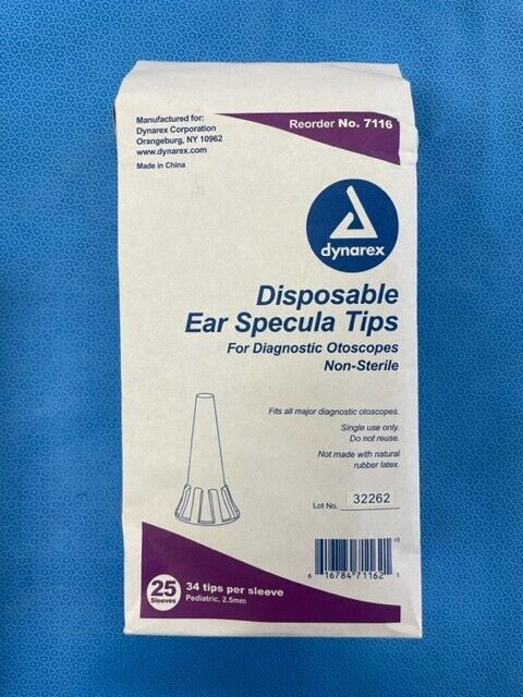 Dynarex Peds Ear Specula Tips 2.5mm fit Welch Allyn Otoscope Heads 850/bg #7116