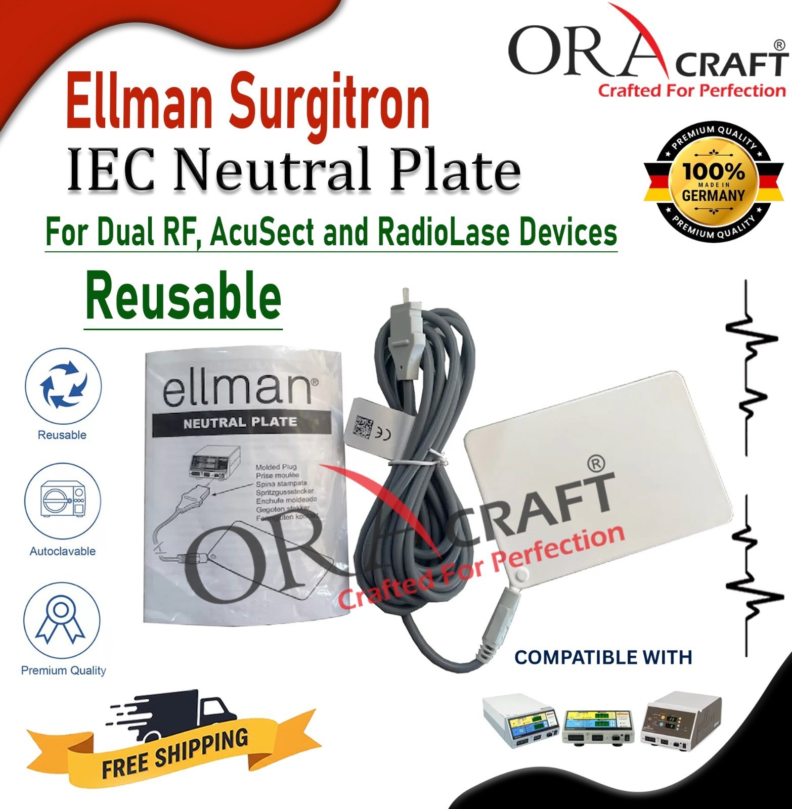 Ellman Surgitron 4.0 Dual RF 90 H4 Neutral Patient Plate Valleylab Connector CE