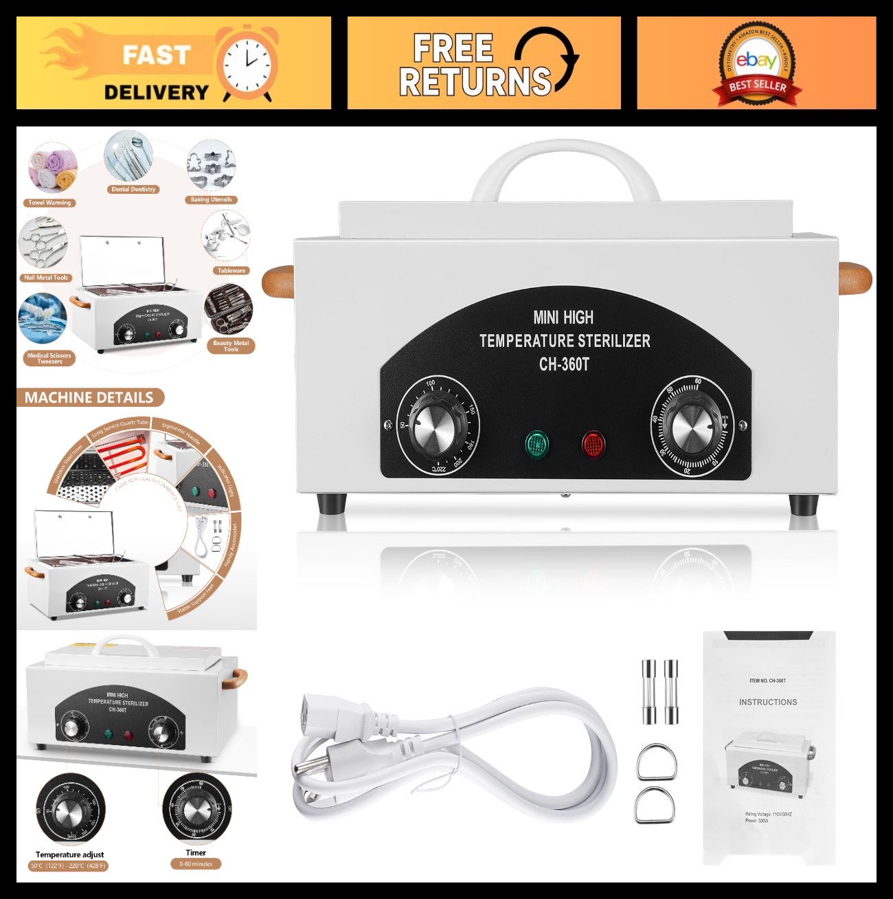 High-Temperature Autoclave Sterilizer 1.5L for Nail & Dental Tools, 300W Dry Hea