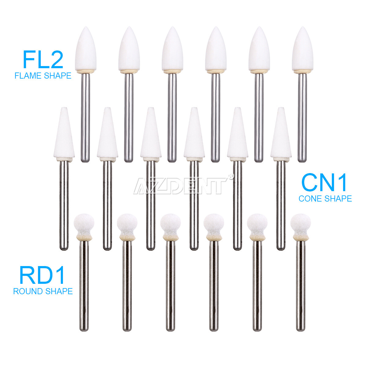 3Type Dental White Stone Polishing Burs FG Aluminum Oxide Flame/Cone/Round Shape