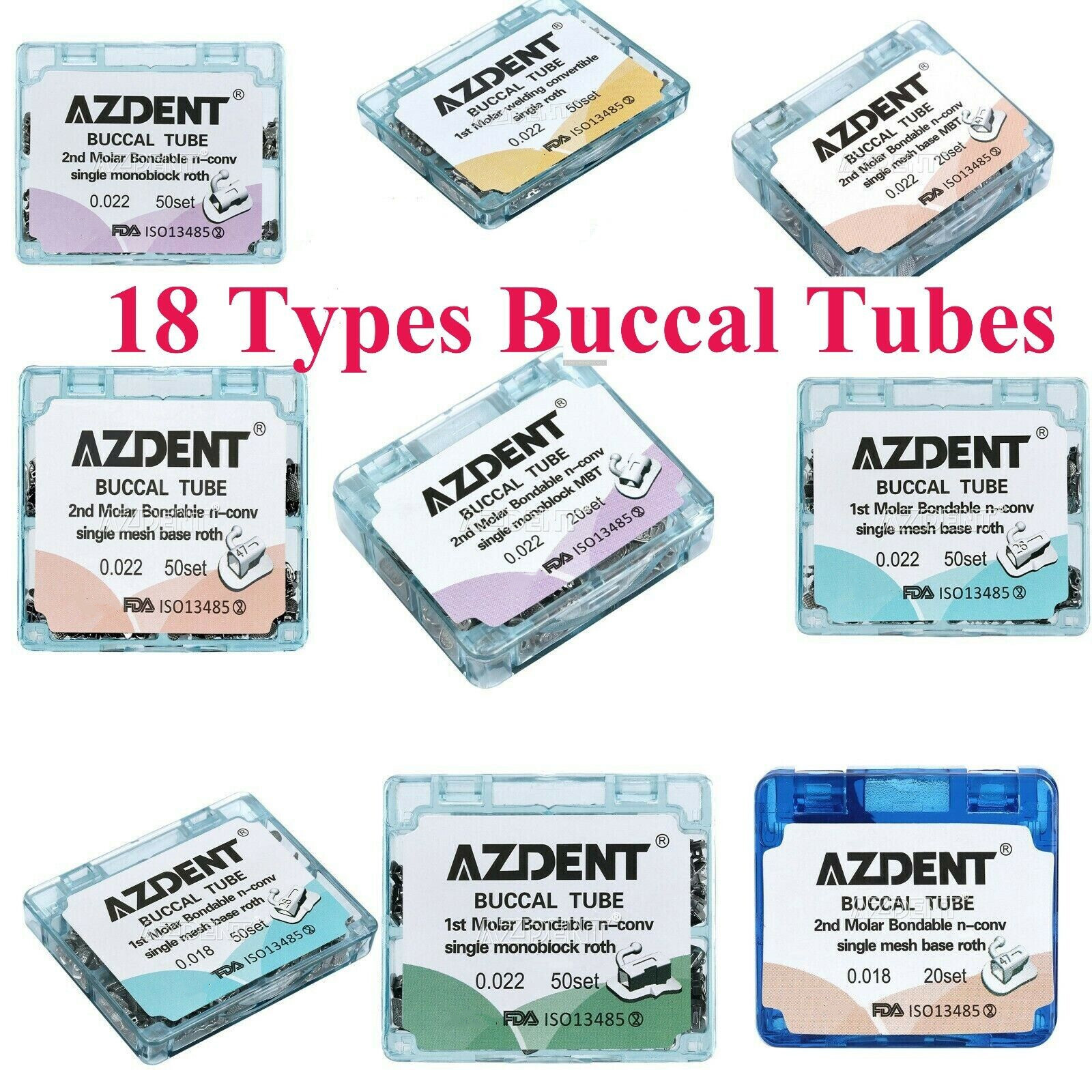 AZDENT Dental Orthodontic Buccal Tubes 1st/2nd Molar Roth/ MBT 022 Bondable FDA