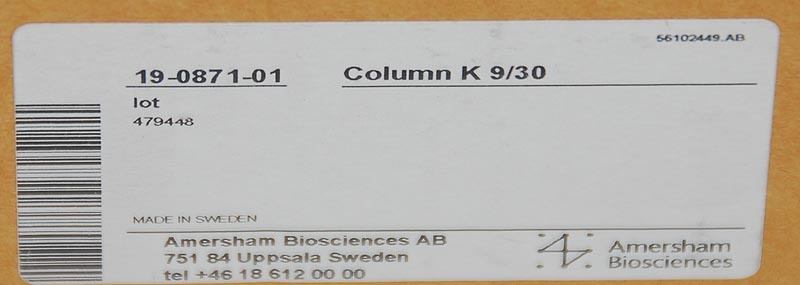 Amersham Biosciences AB Chromatography Column 19-0871-01 Column K 9/30 NEW!!