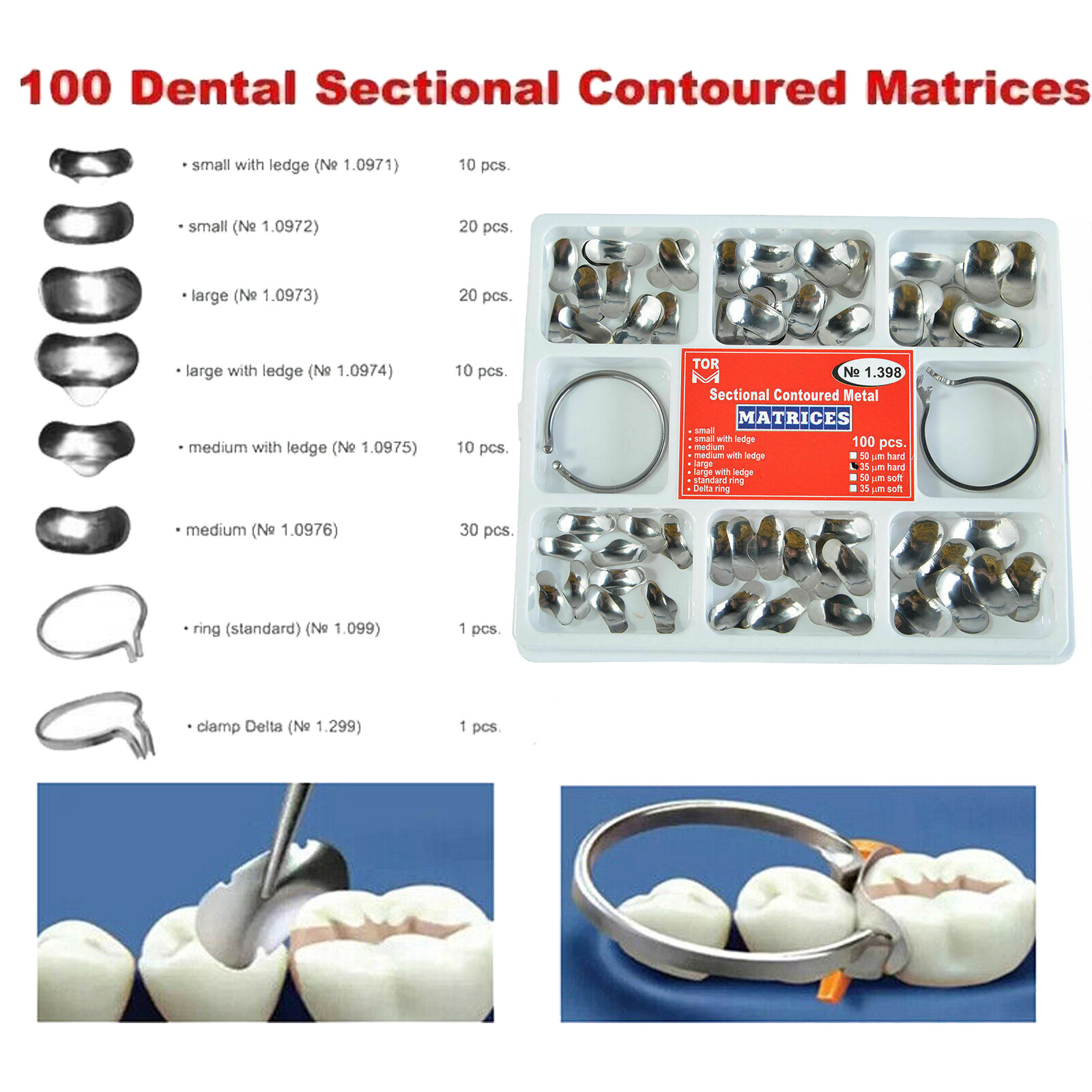100Pcs TOR VM Dental Matrix Bands Sectional Contoured Matrices Wedges 1.398 35μm