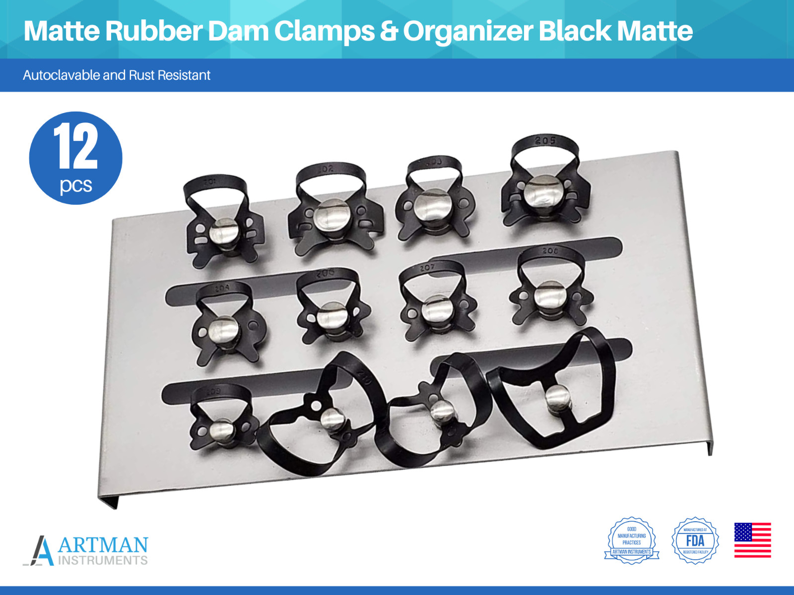 Anti-Reflective Rubber Dam Clamps & Organizer Rack Black Matte Set of 12 ARTMAN