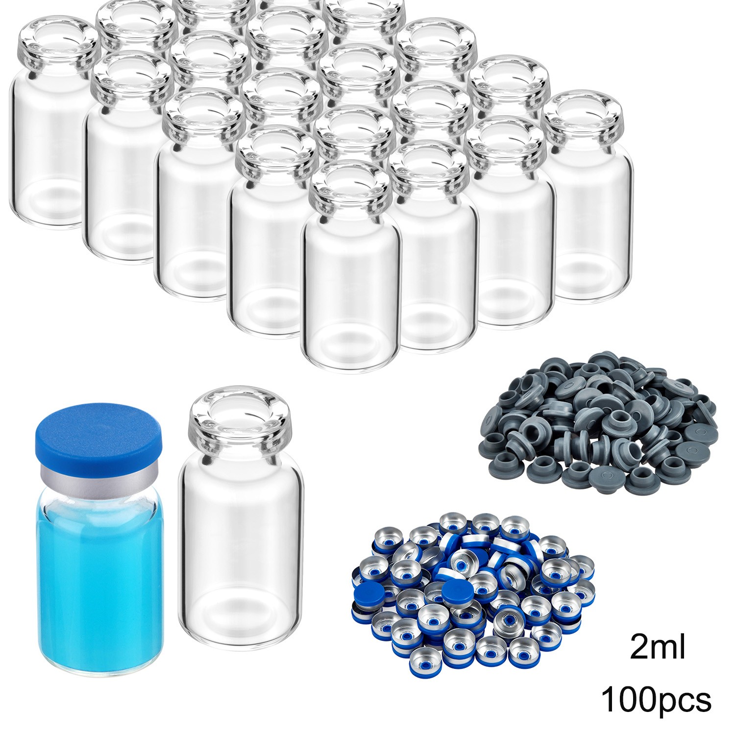 100PCS 2ml Headspace Vials Clear Glass Bottle 13mm Crimp top Flat Bottom HPLC