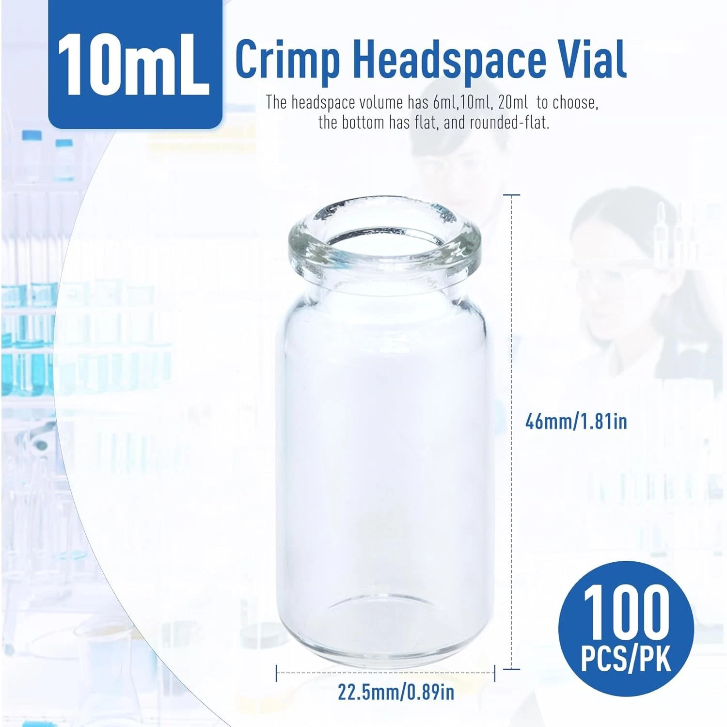 100pcs 10ml Headspace Sample Vials 20mm Crimp Top Bevelled Edge Flat Bottom
