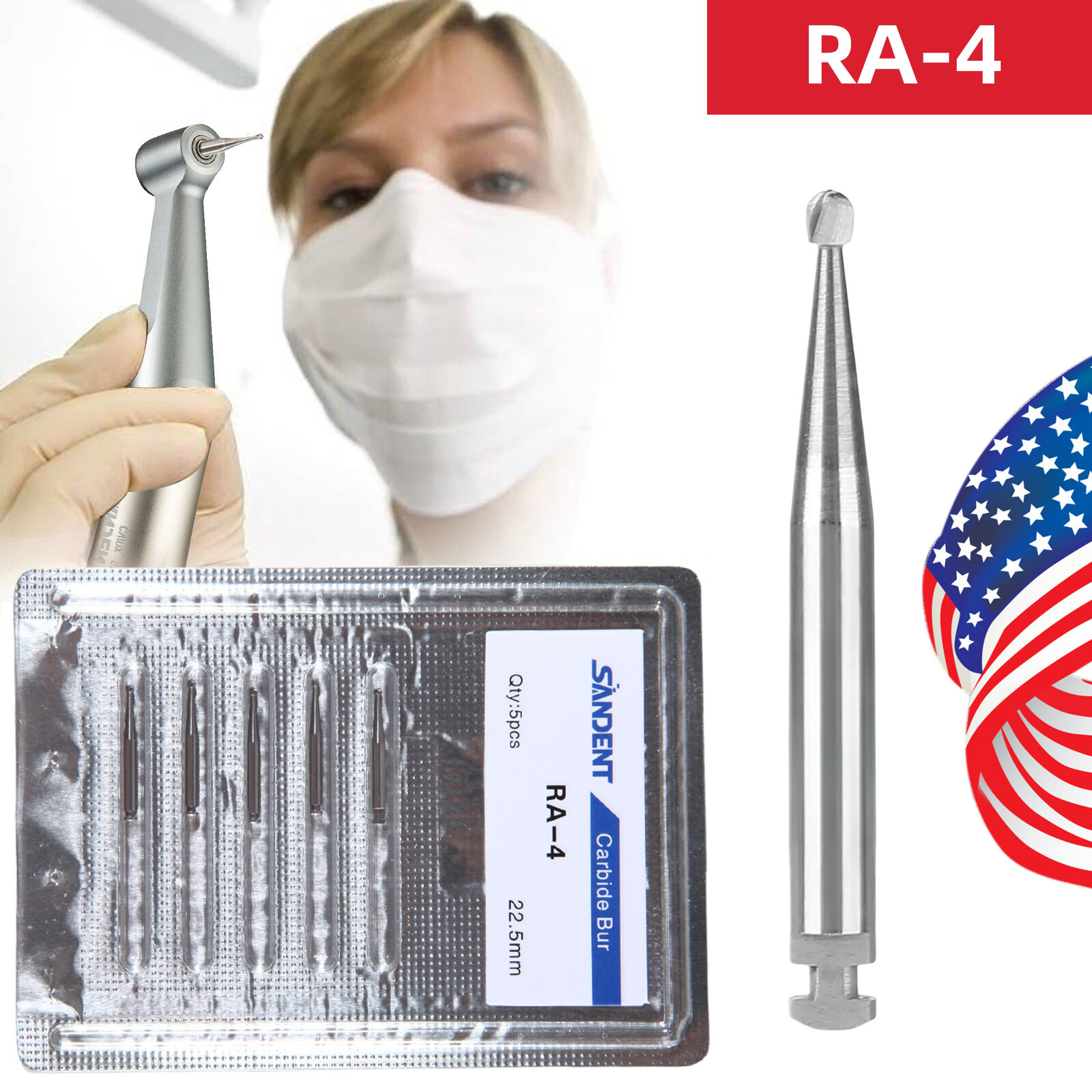 SANDENT Dental Round Carbide Bur for Slow Speed Latch RA4 5pcs/pack