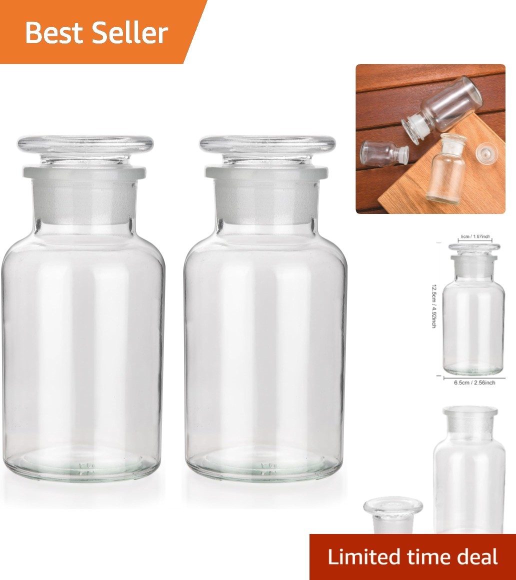 250ml Clear Wide Mouth Glass Bottles, 2 Pack with Ground Stoppers for Home & Lab