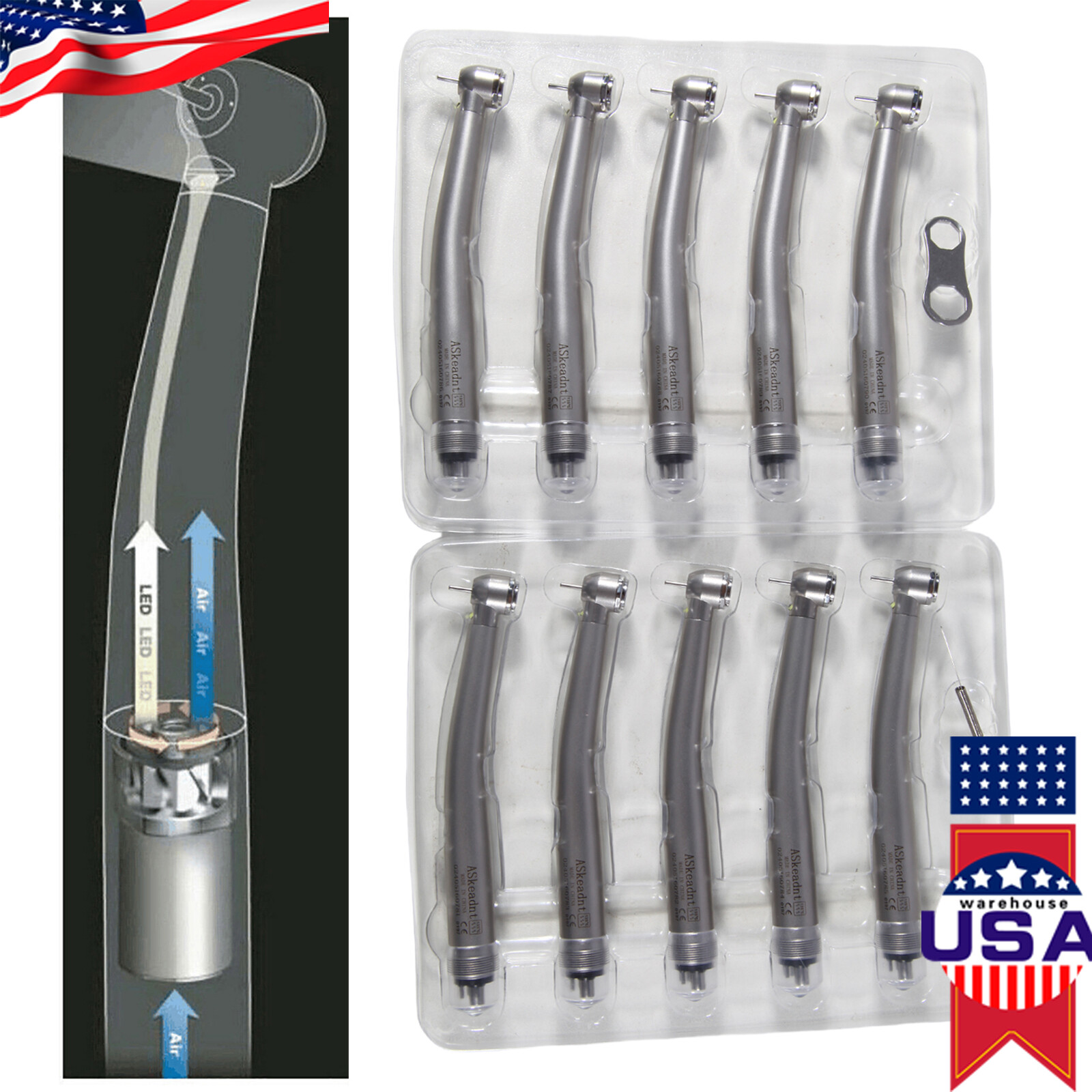 10 pcs/pack Dental High Speed Fiber Optic LED Handpiece 4Hole Standard Head