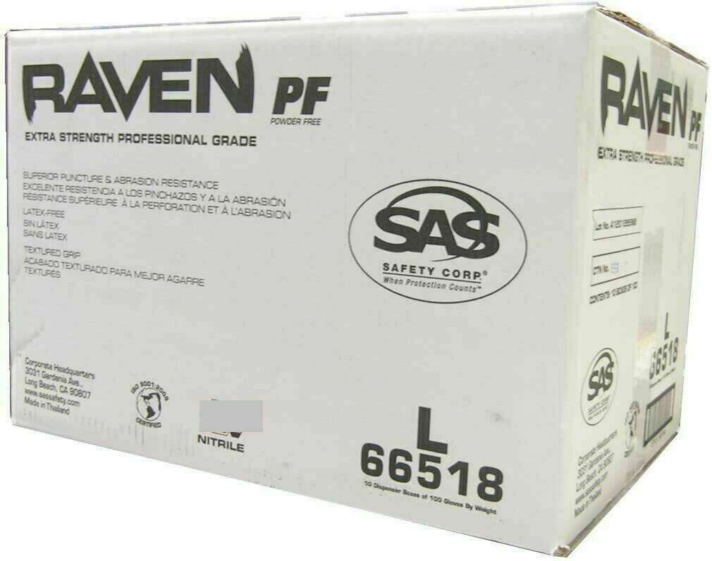 SAS SAFETY RAVEN 66518 Powder-Free Black Nitrile Gloves CASE (10 BOXES) LARGE