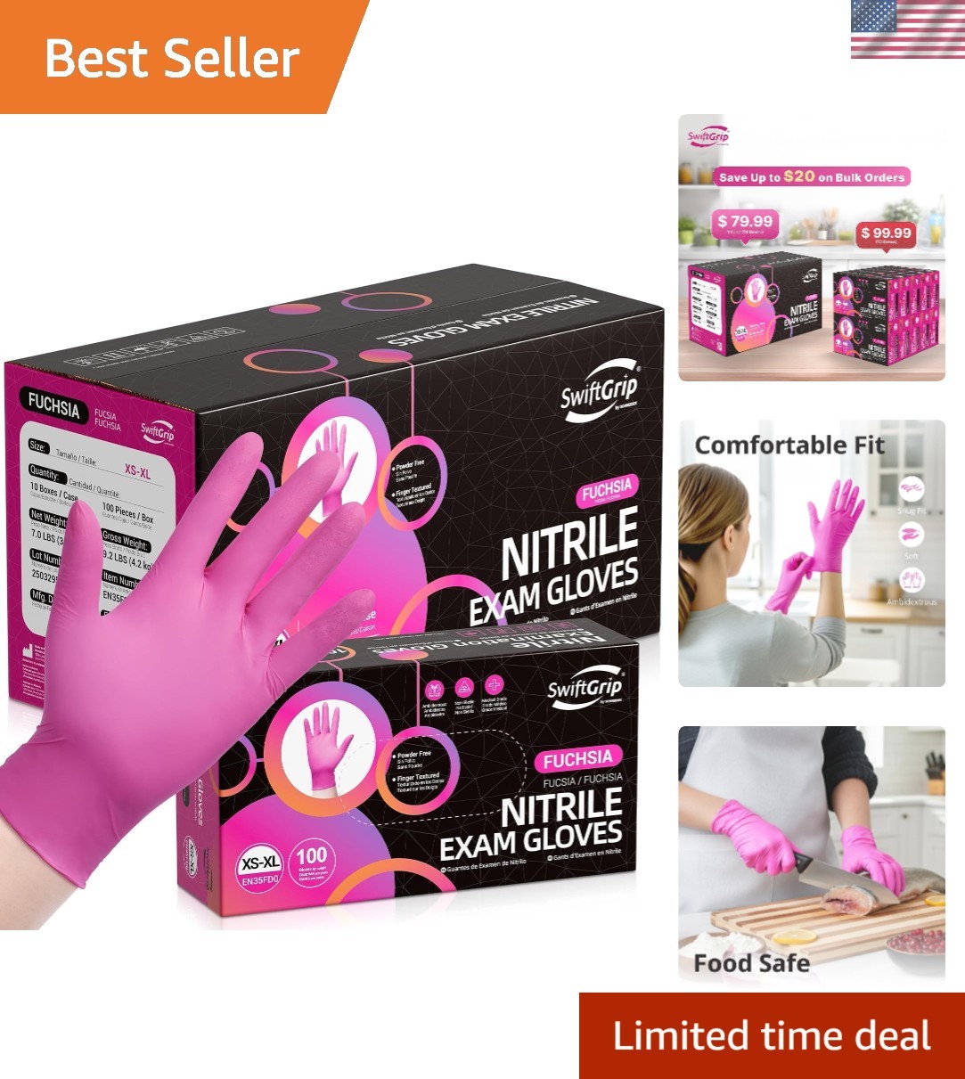 Ambidextrous Fuchsia Nitrile Gloves 3-mil – Food-Safe, Stretchy, 1000 Count