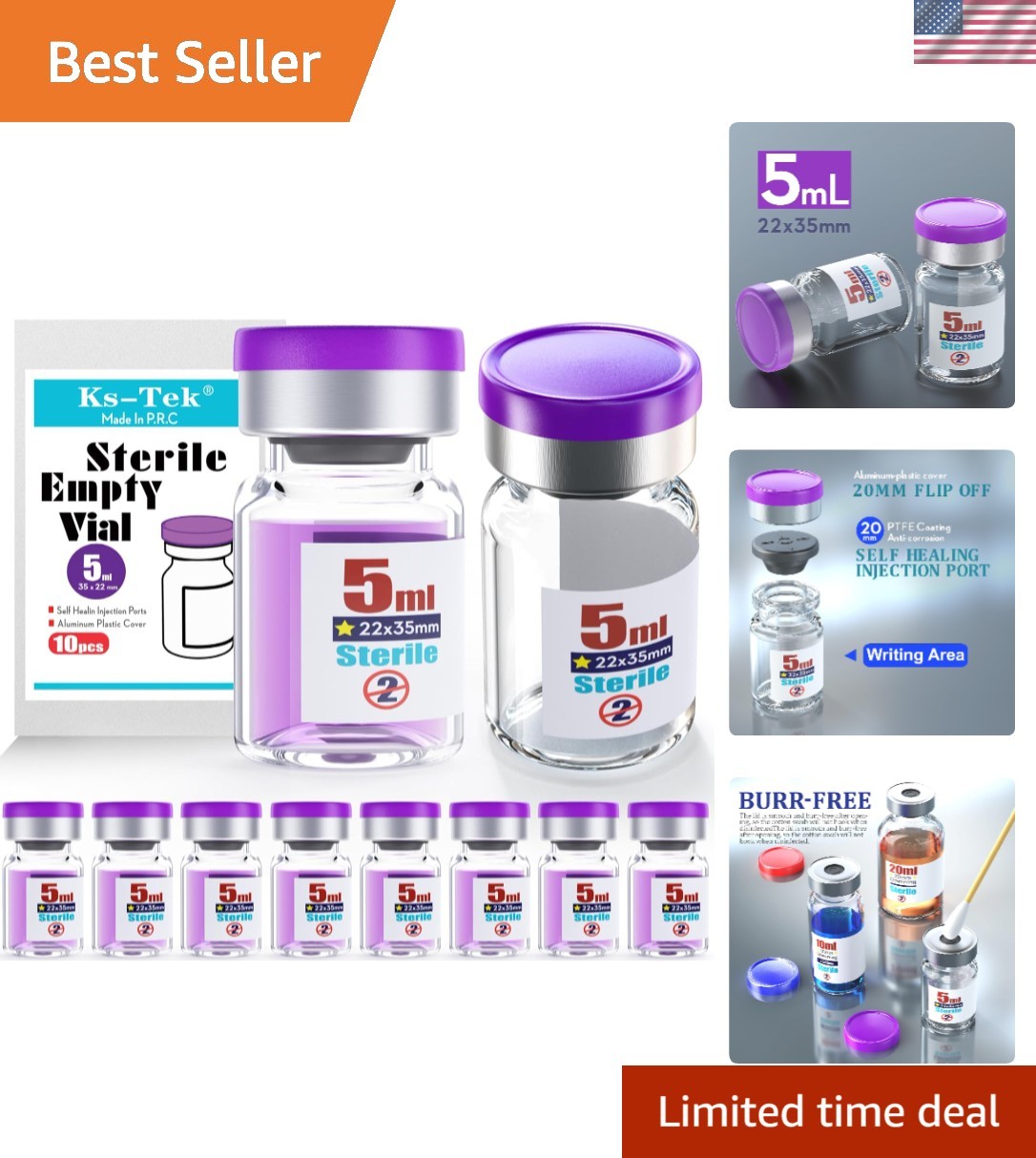 High-Quality 5ml Glass Vials with Self-Sealing Port, Sterile & Leak-Proof, 10pcs
