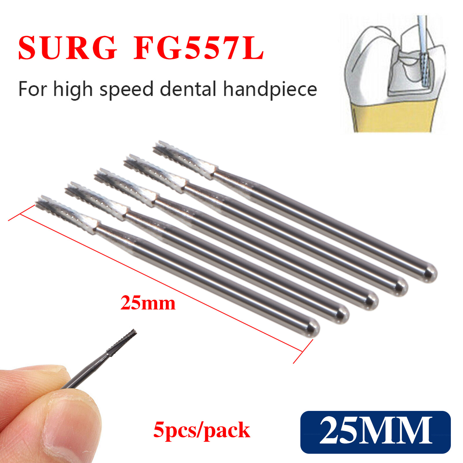 5PCS Carbide Surgical Burs FG 557L SURG 25mm Bur for High Speed Dental Handpiece
