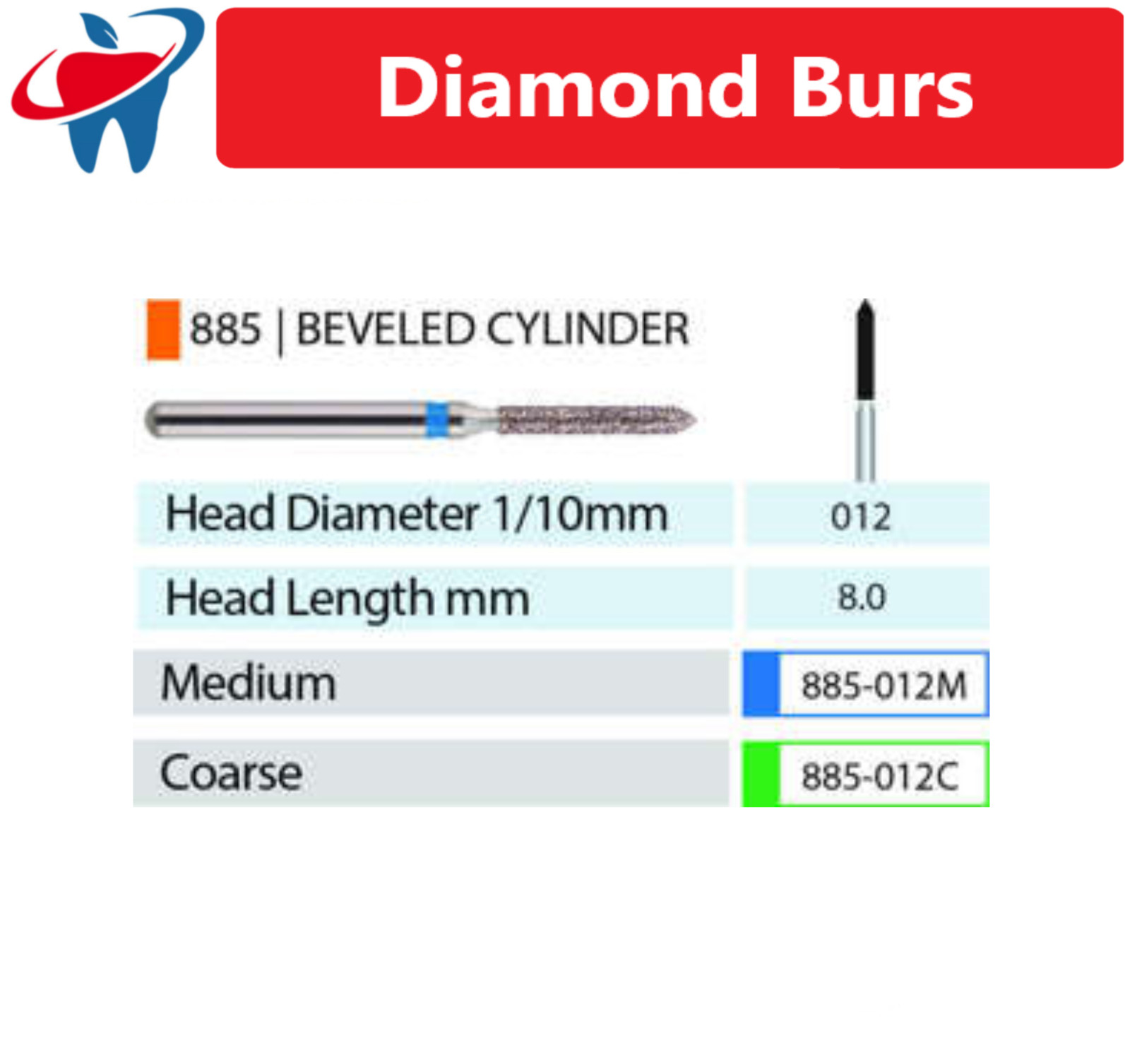 Dental Diamond Burs Beveled Cylinder -Coarse, Medium, 012C, 016C, 012M, – 5/pk