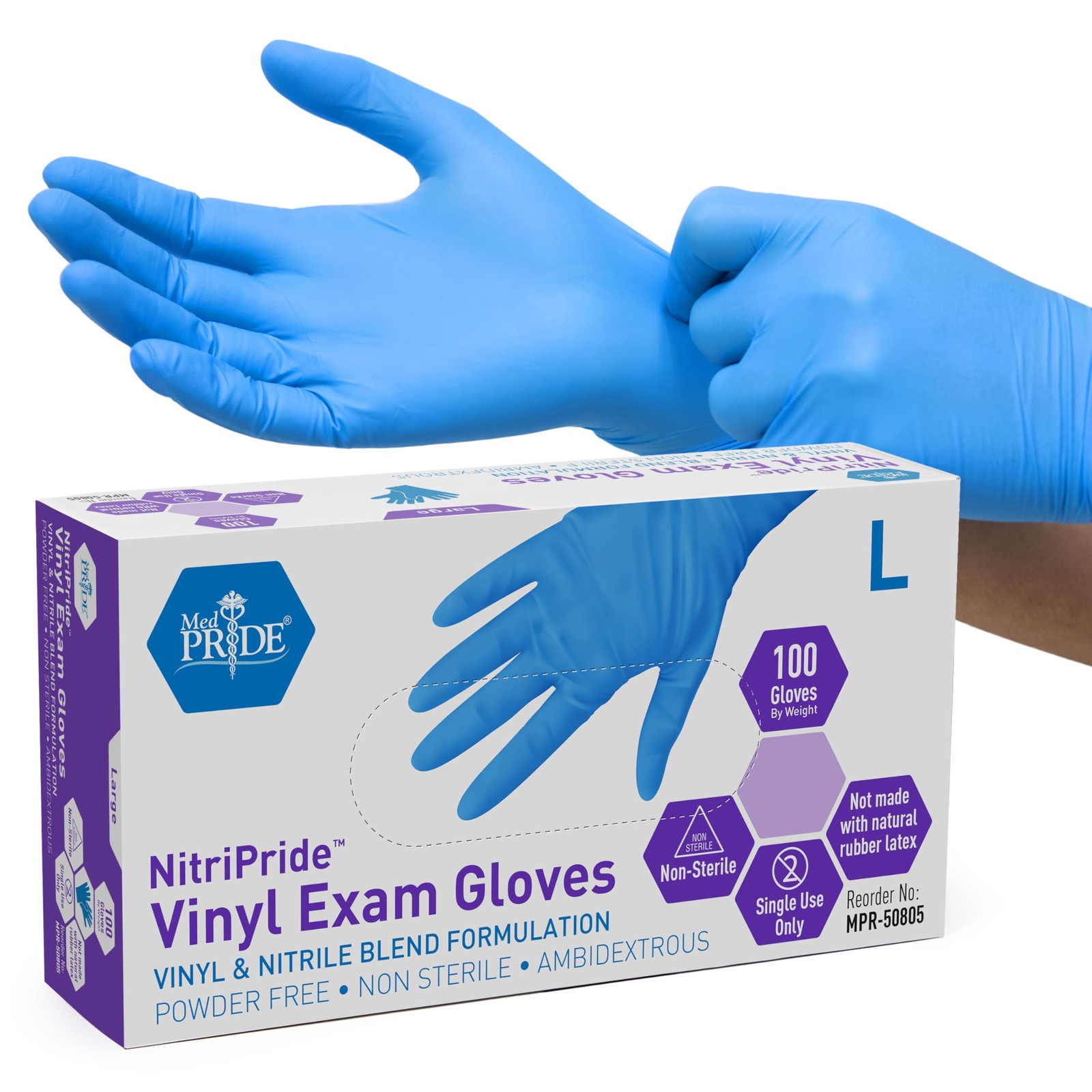 Med Pride Nitrile Vinyl Exam Gloves | Powder-free | Blue Large | 100 Count
