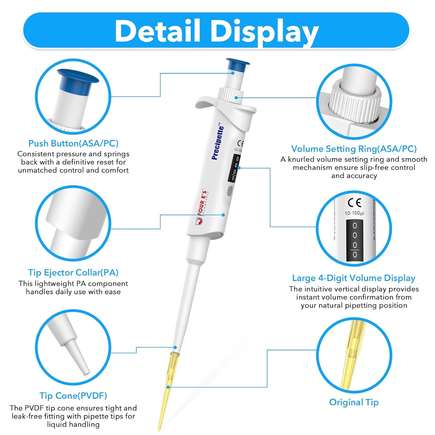 Micropipette 10-100μl, Manual Adjustable Volume Mechanical Pipette High Accurate