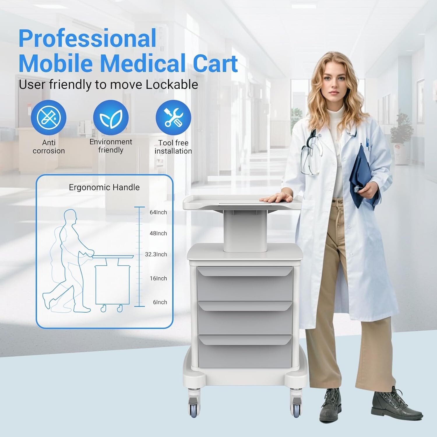 4 Tiers Medical Cart with Wheels & Drawers Mobile Ultrasound Cart Rolling Dental