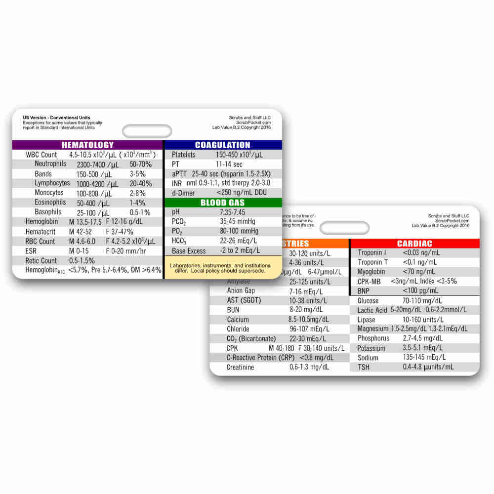 Lab Value Horizontal Badge ID Card Pocket Guide Nurse RN Paramedic EMT Student