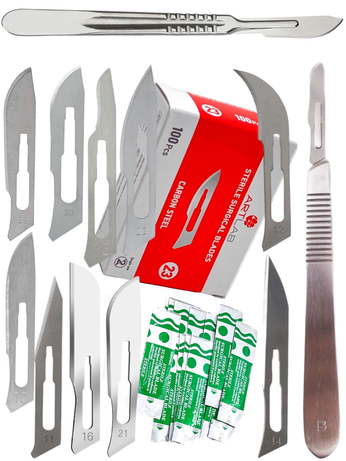 Premium 100 Sterile Surgical Scalpel Blades with FREE Handle Medical Dental Tool