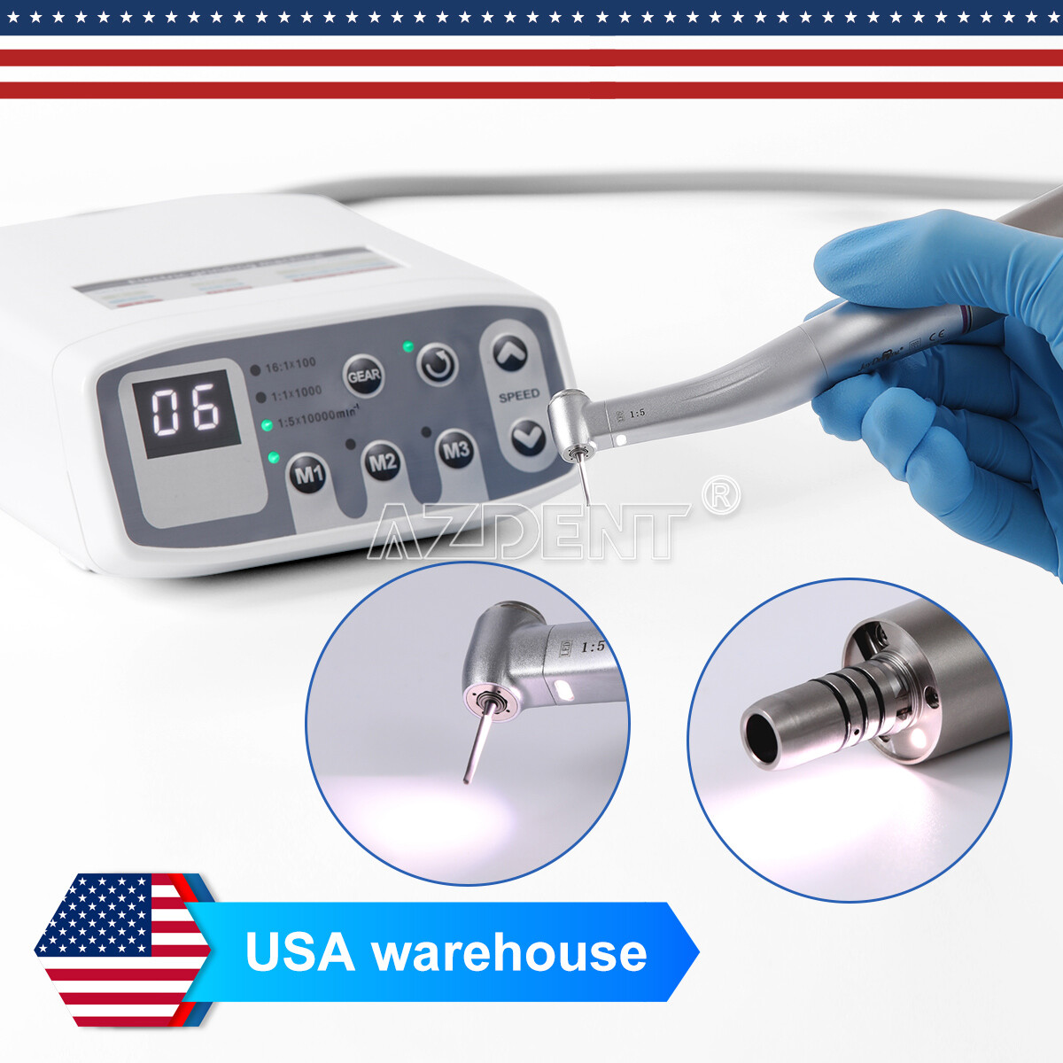 AZDENT Dental Electric LED Brushless Micro Motor/1:1/1:5 Increasing Handpiece