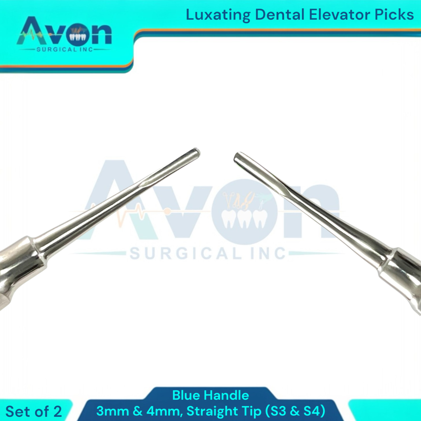 3mm + 4mm Straight Tipped Root Tip Extraction Pick Elevators, Blue, Set of 2pcs