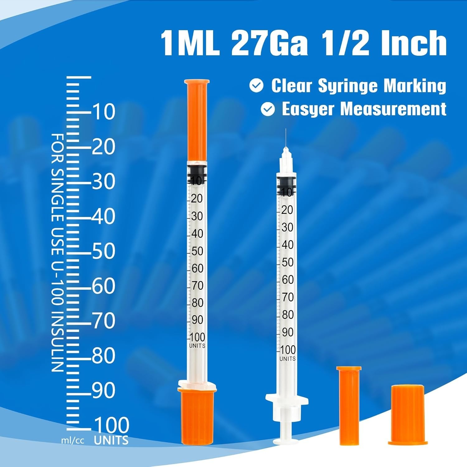 Lab Syringe 1ml 27G 1/2 Inch Plastic Dispensers 100 Pack Individually Sealed