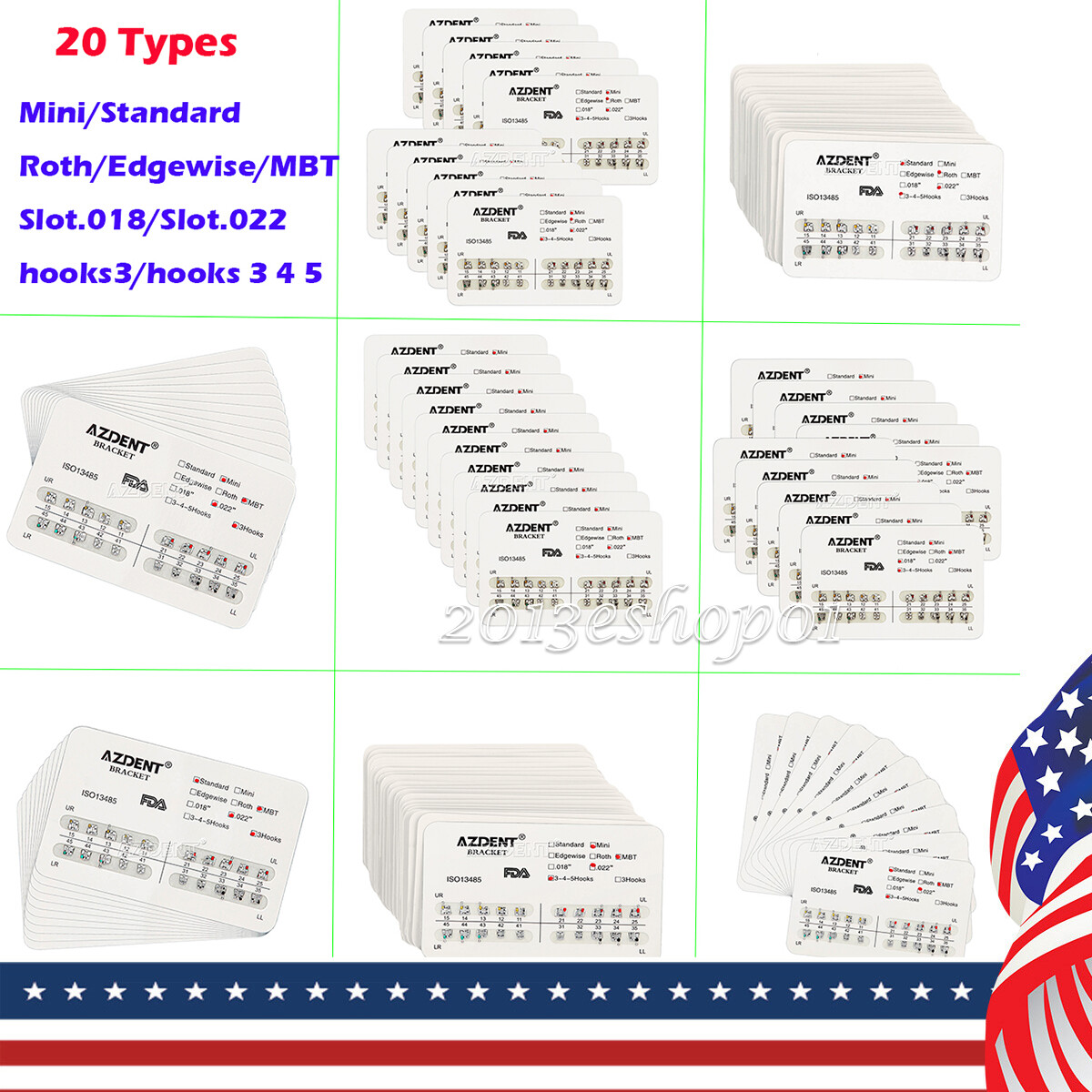 AZDENT 10X Dental Ortho Brackets Mini/Standard MBT/Roth 022/018 Hooks 3 4 5