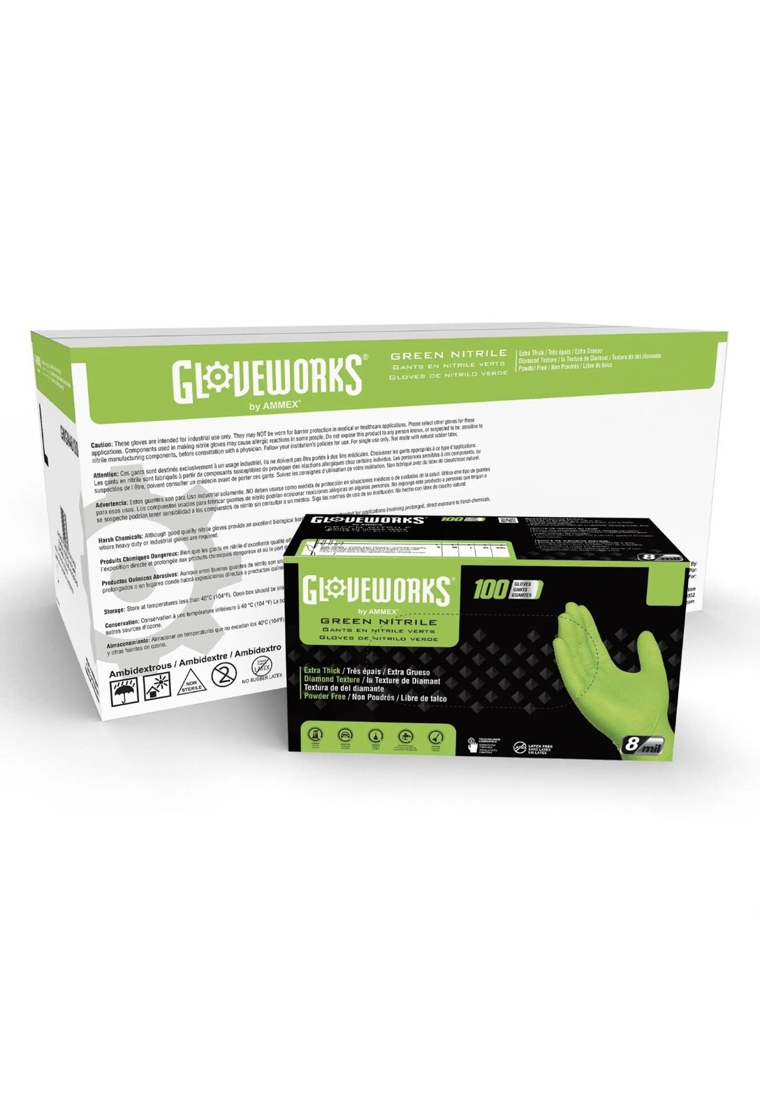 GLOVEWORKS HD Green Nitrile Industrial Gloves, 8 Mil, Case of 1000 Size Medium