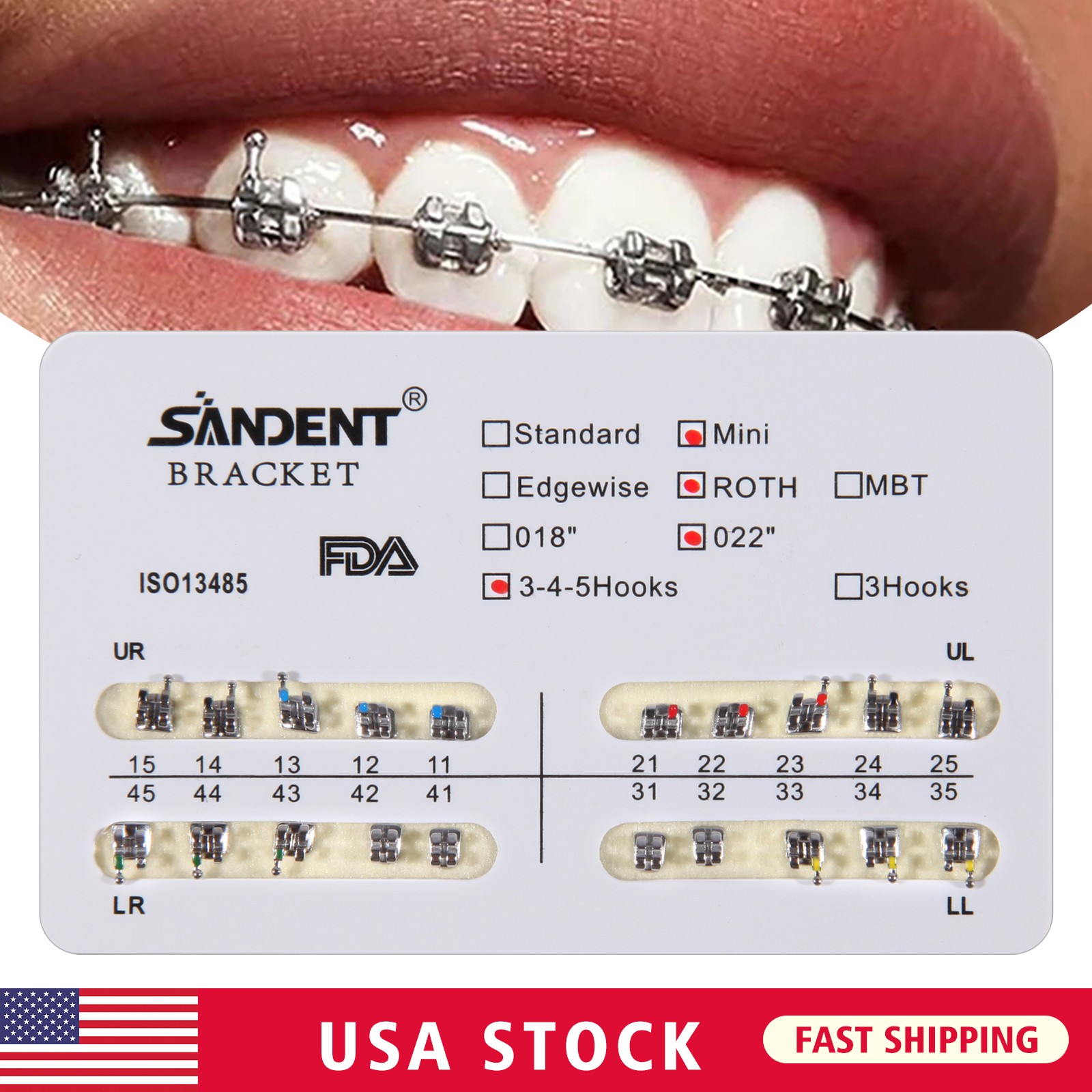 10 packs Dental Orthodontics Metal Bracket Braces Mini MBT 022″Slot Hooks 3-4-5