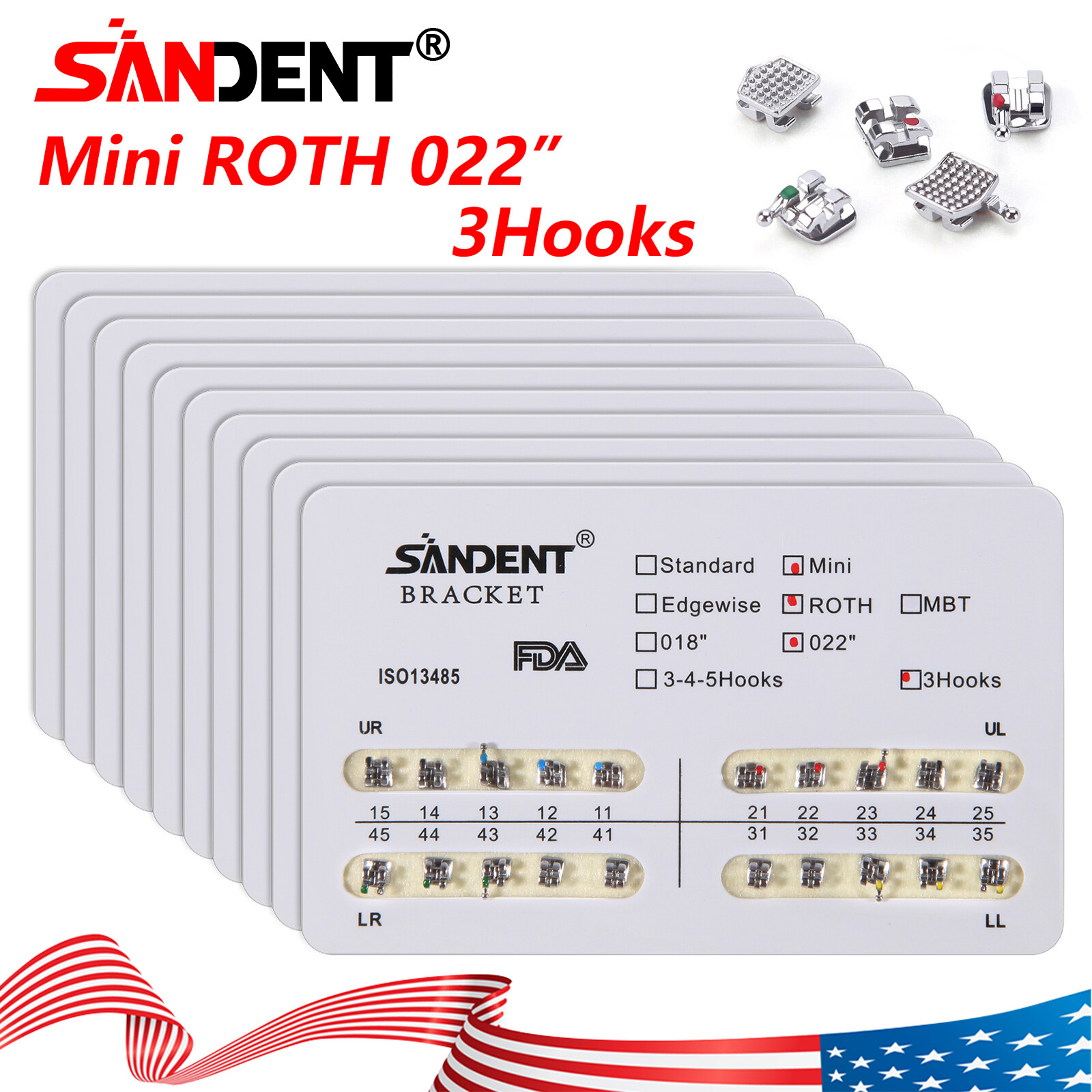 200Pcs Dental Orthodontic Braces Bracket Mini Roth 022″Slot 3 Hooks 10 Packs
