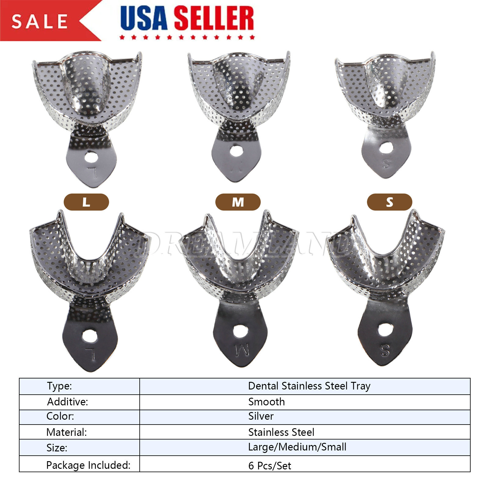 6 Pcs Perforated Metal Dental Impression Trays Set Edentulous Instruments CE