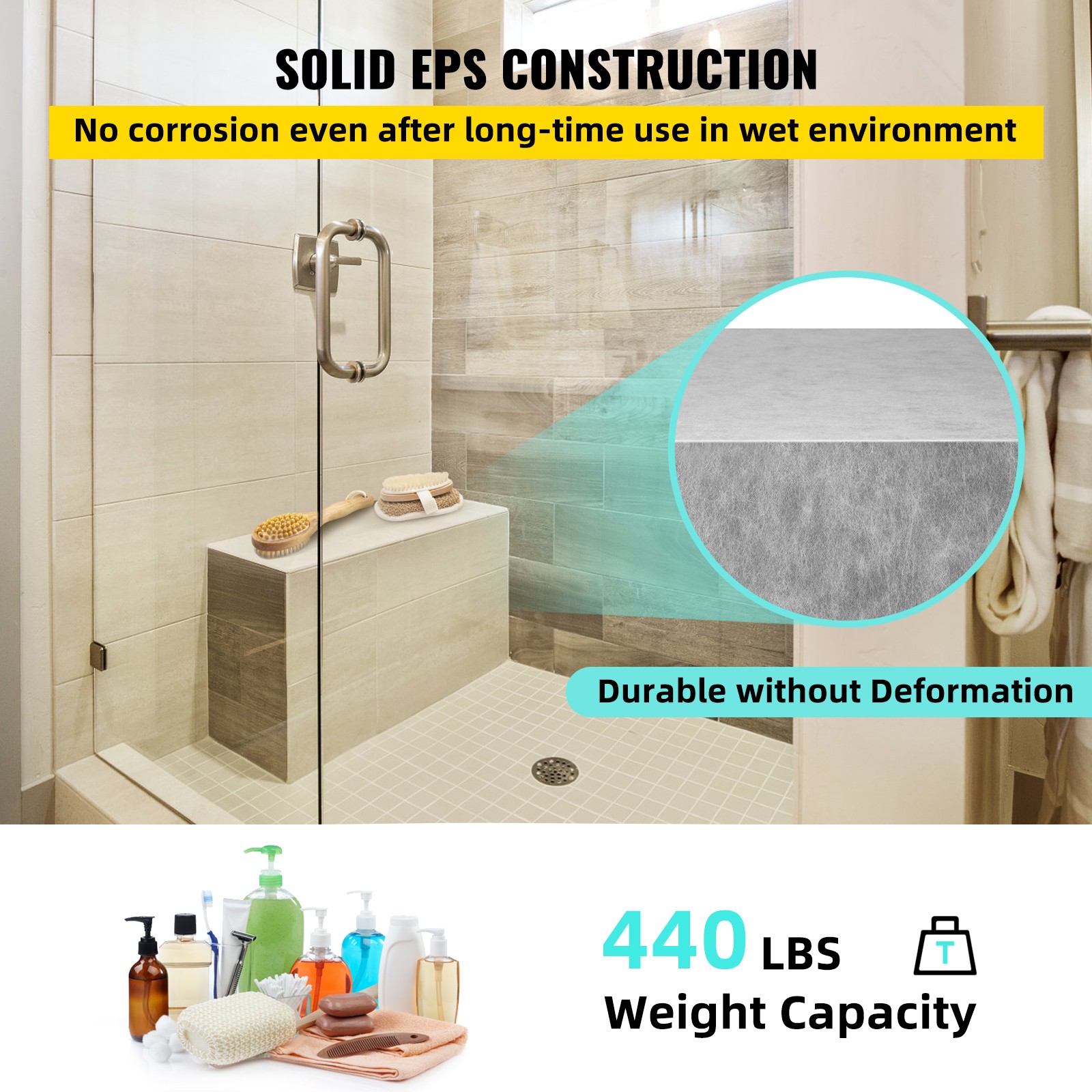 VEVOR Board Shower Bench Rectangle Bench Ready to Tile&Waterproof 38.2×11.4×20″