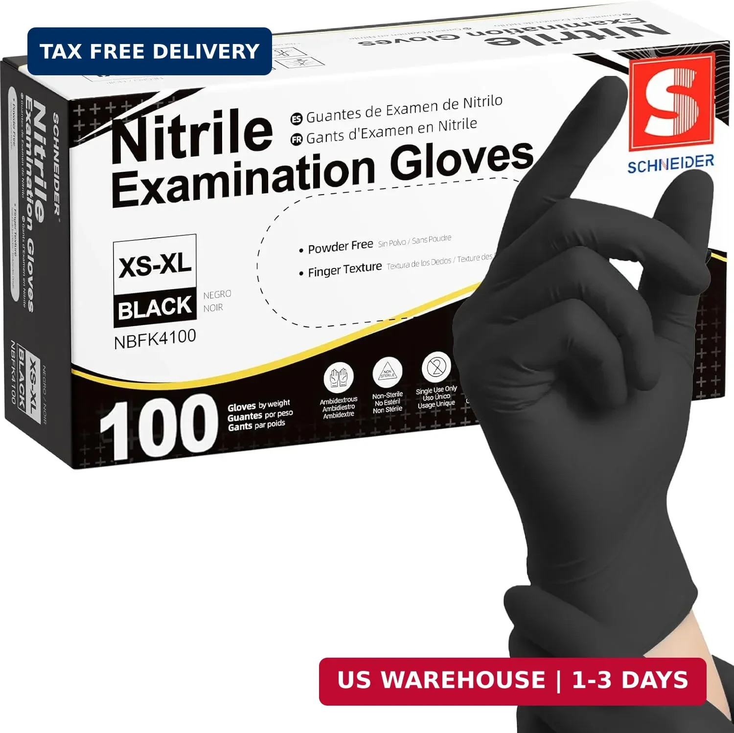 Schneider Black Nitrile Gloves, Powder Free, Disposable Gloves Latex Free for Me
