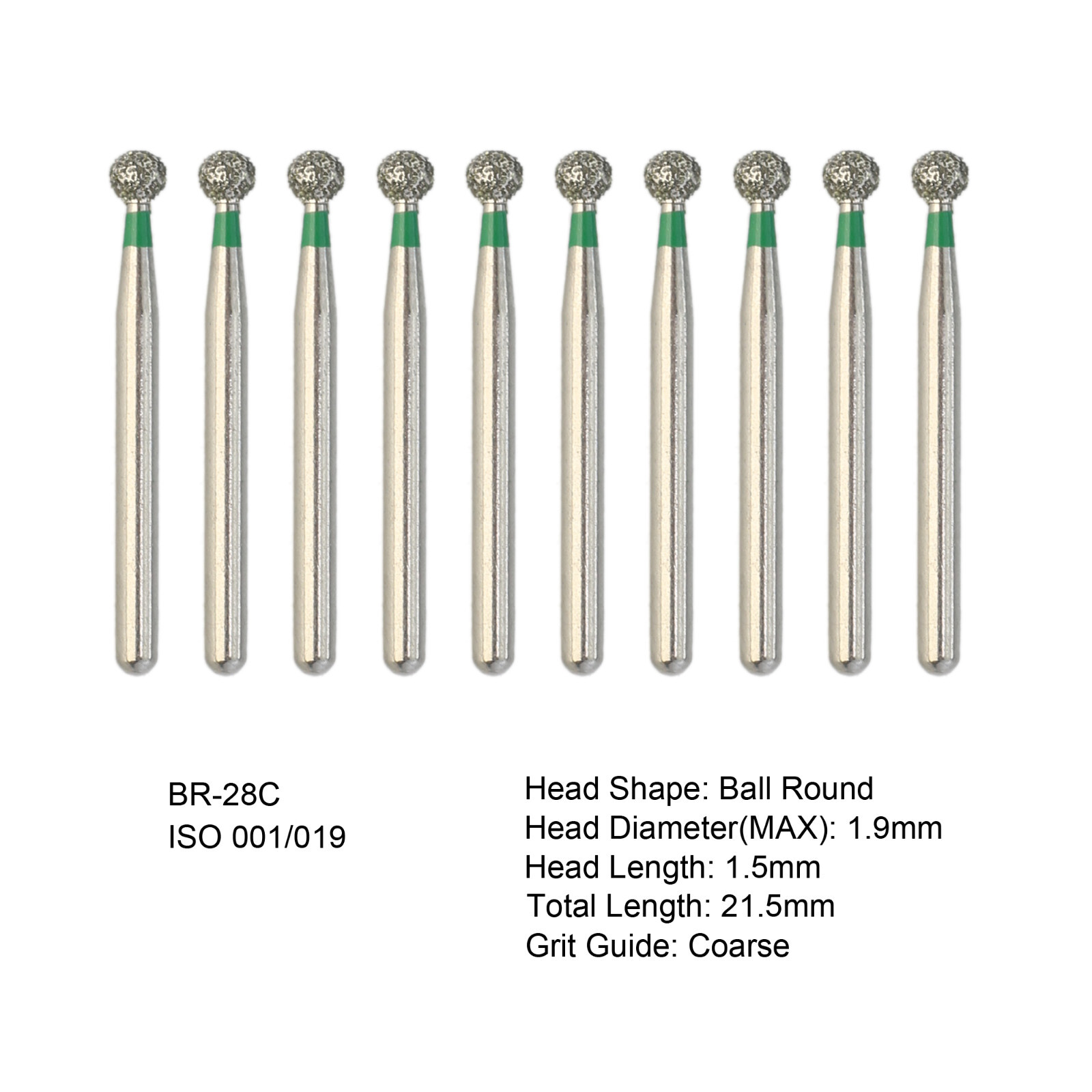 Dental Diamond Round Burs FG Shank BR-28C Ball Coarse Grit Green High Speed Bur