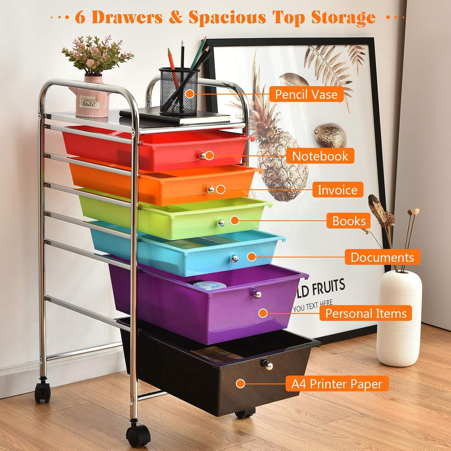 Multicolor 6-Drawer Rolling Storage Cart – Mobile Organizer for Home & Office