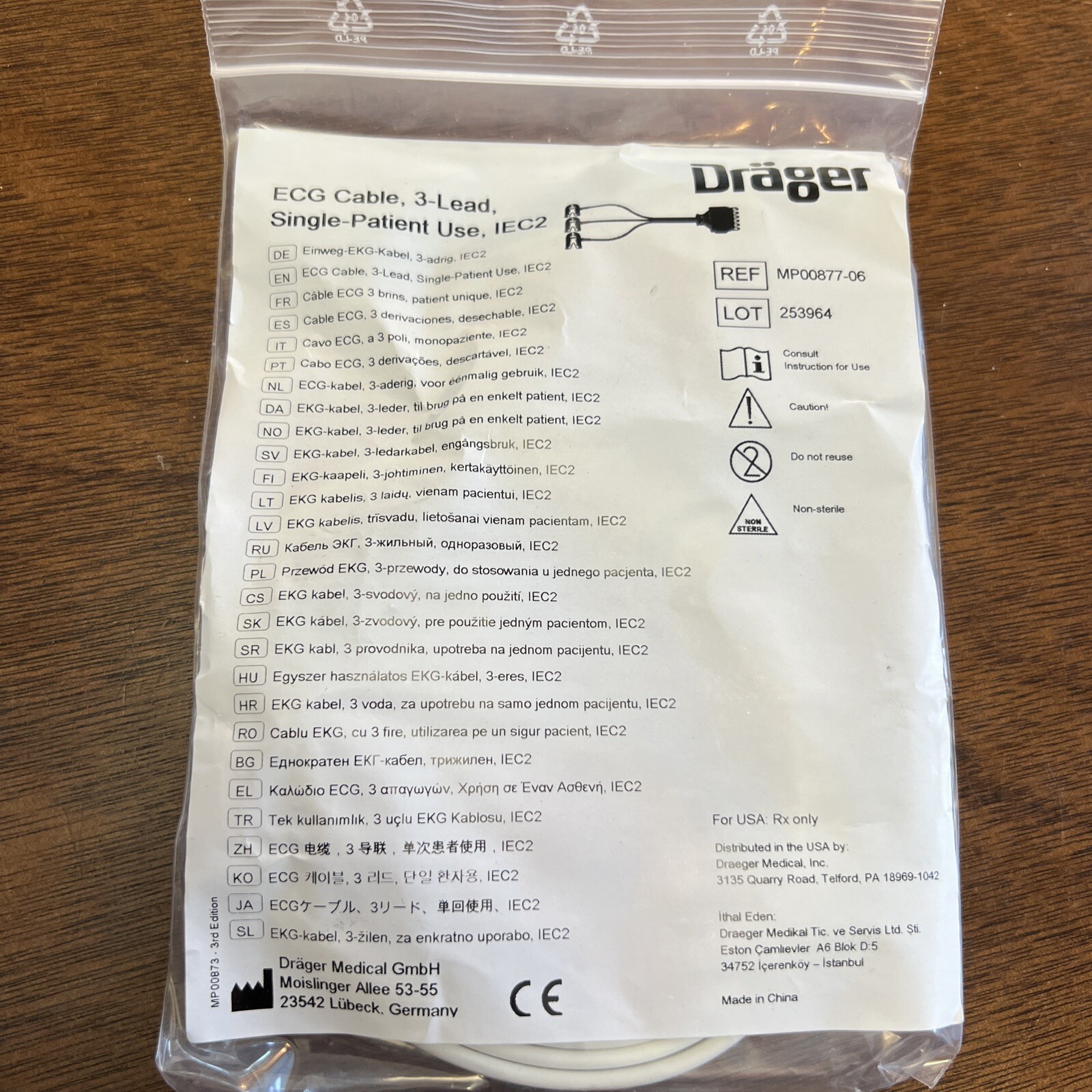 Drager ECG Cable, 3-lead Single Patient Use, IEC2. MP00877