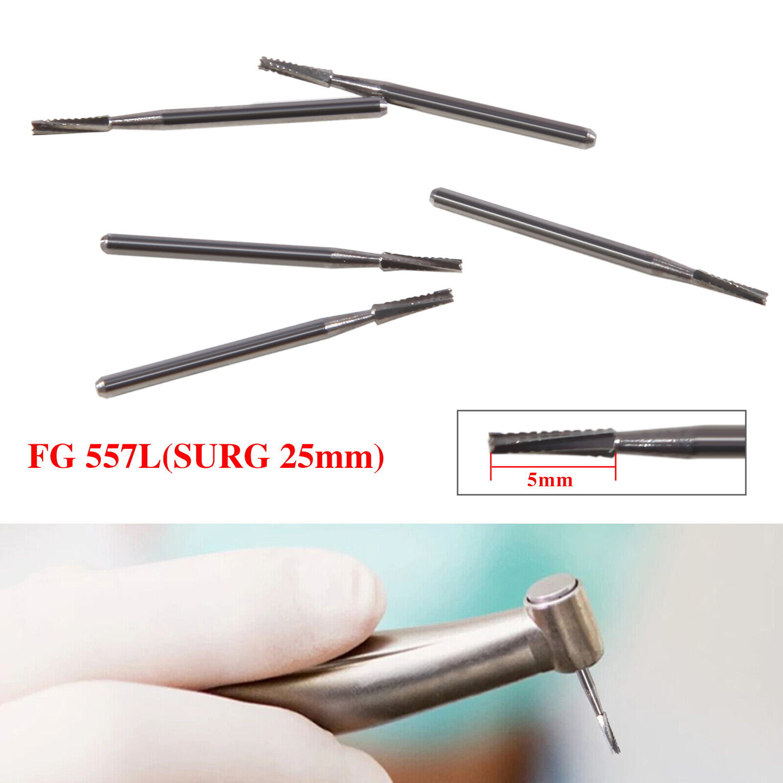 5PCS Carbide Surgical Burs FG 557L SURG 25mm Bur for High Speed Dental Handpiece