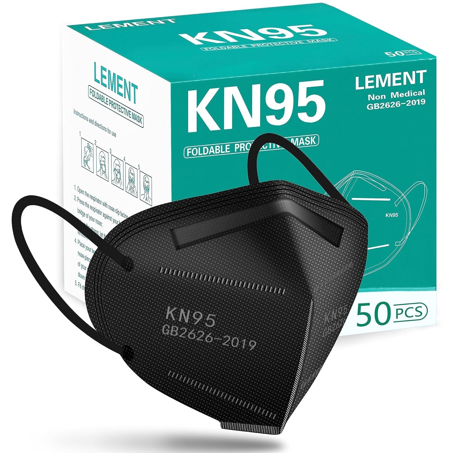 LEMENT 50pcs KN95 Face Mask Black 5 Layer Cup Dust Safety Masks Filter Efficienc