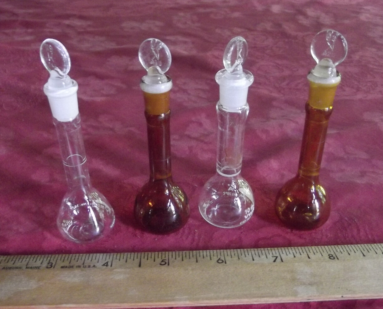 4 Pyrex Glass Volumetric Chemistry Perfume Flasks bottles #5640 10ml & stoppers